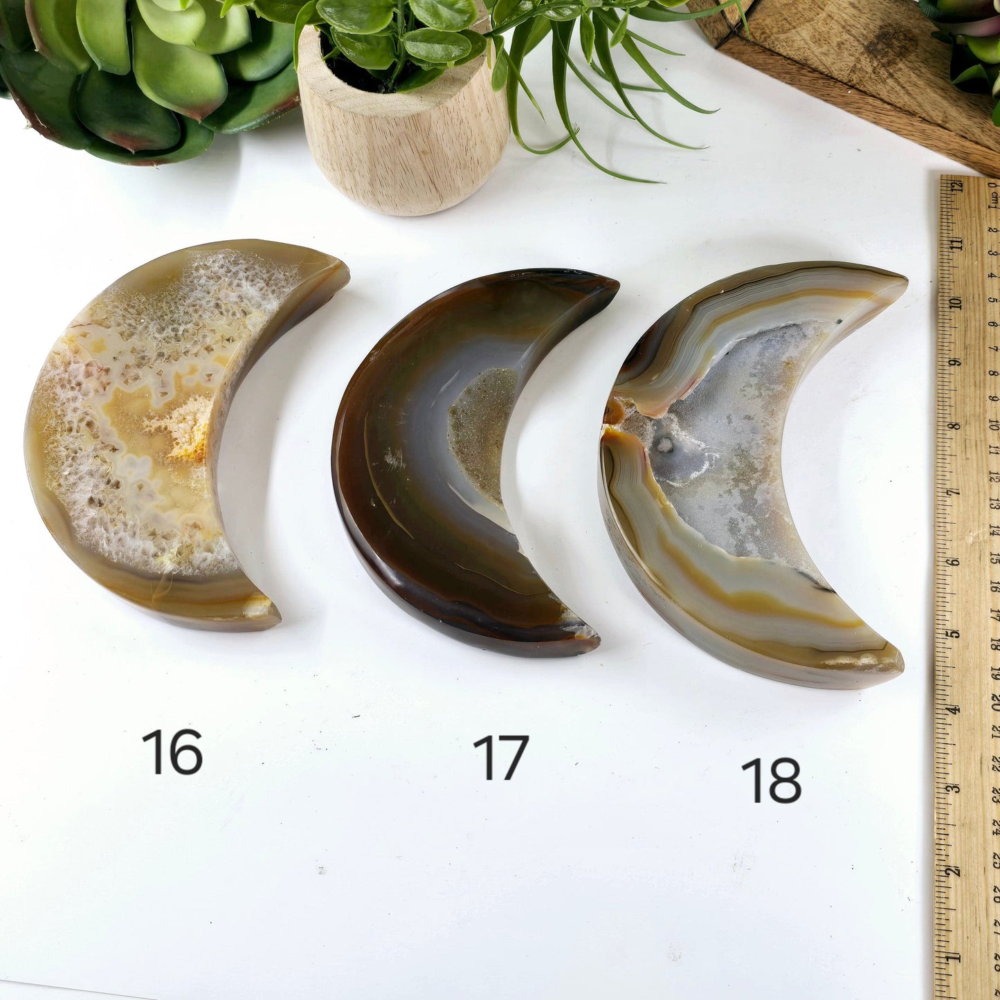 Agate Druzy Crystal Moon - You Choose variants 16, 17, and 18 labeled with ruler for size reference