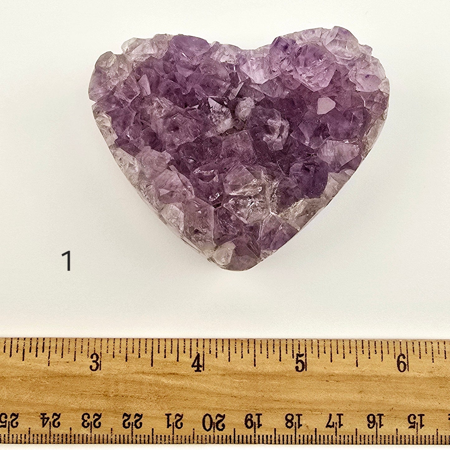 Amethyst Crystal Heart - You Choose #1 variant 1 labeled with ruler for size reference