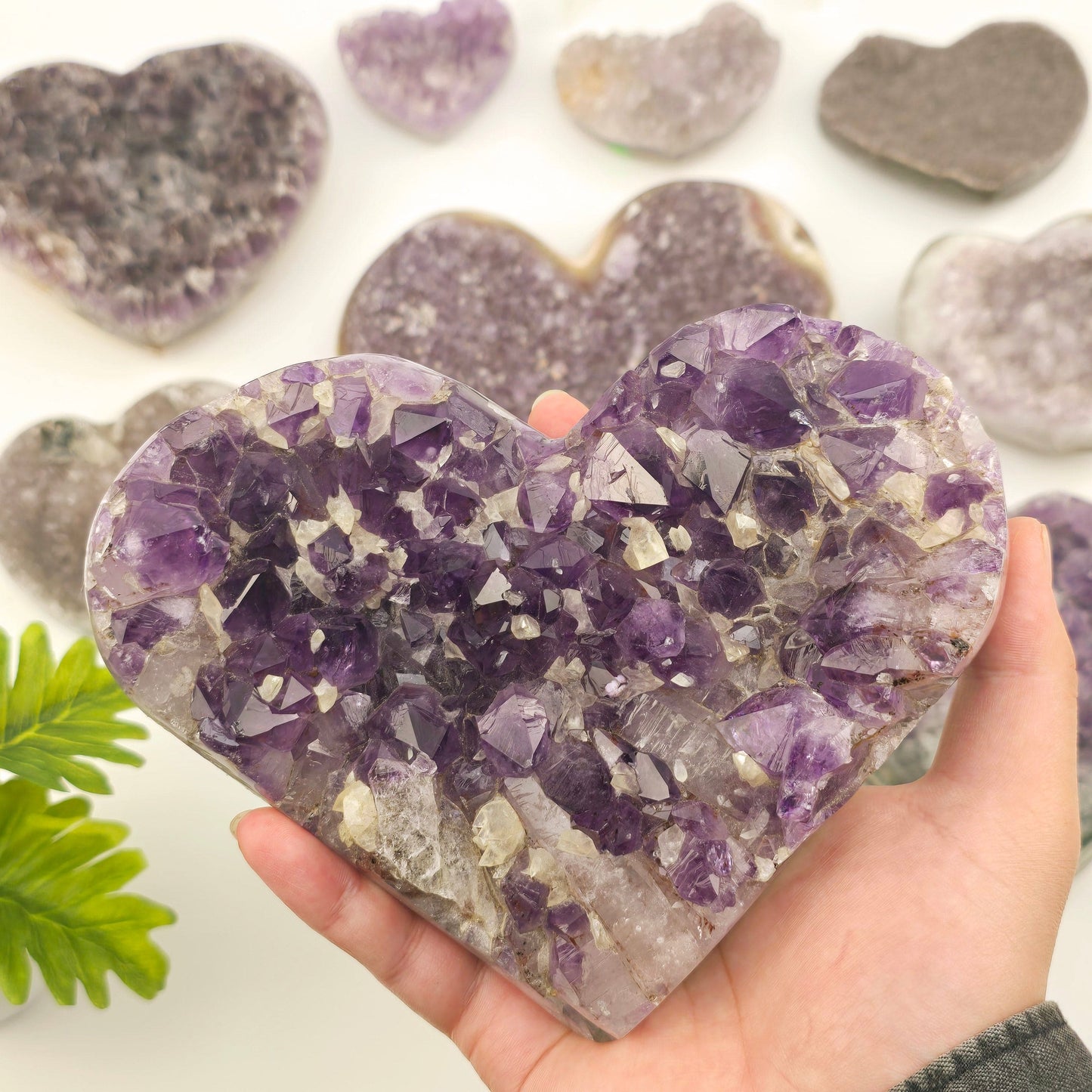 Amethyst Crystal Heart - You Choose #1 variant 7 in hand for size reference with other variants in the background with plants