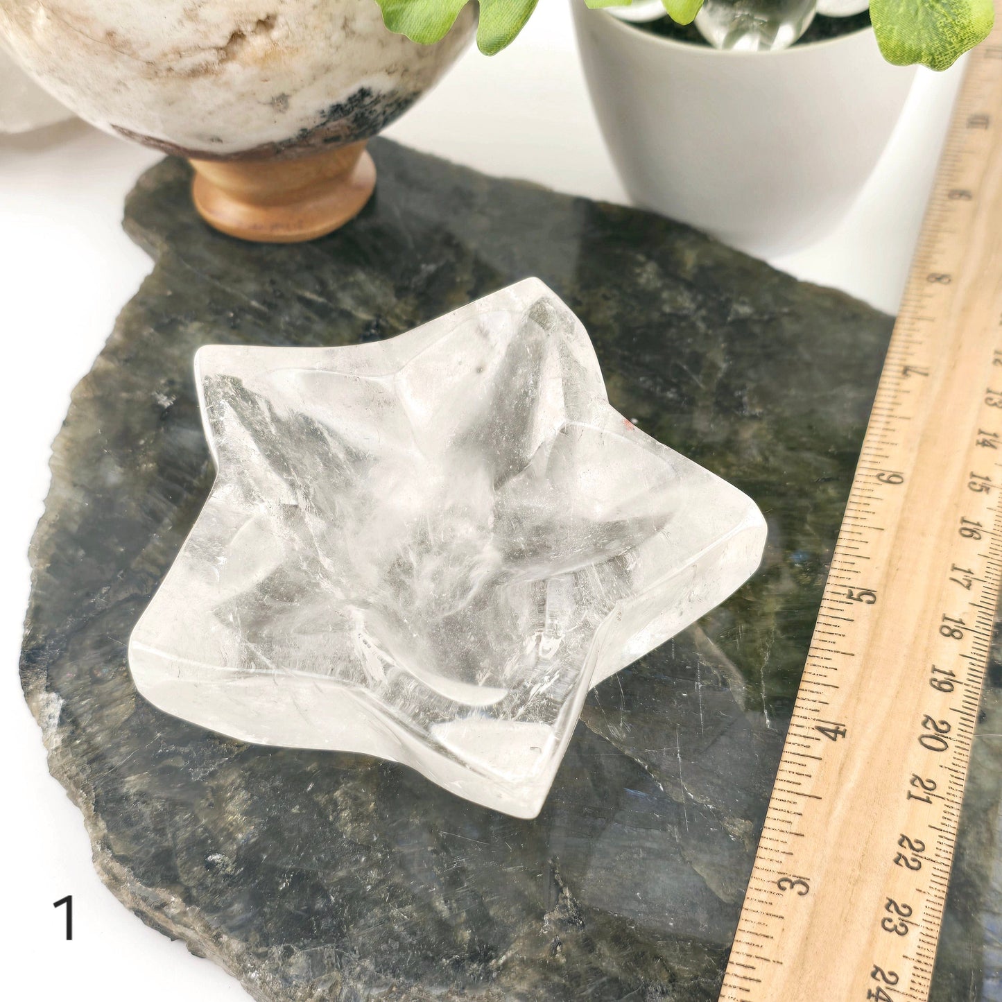 Crystal Quartz Star Dish - You Choose #1 variant 1 labeled with ruler for size reference