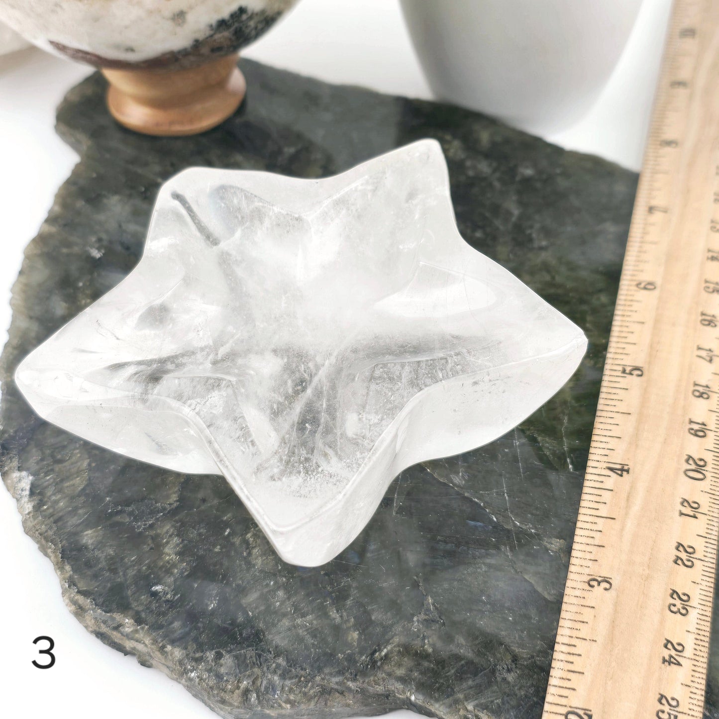 Crystal Quartz Star Dish - You Choose #1 variant 3 labeled with ruler for size reference