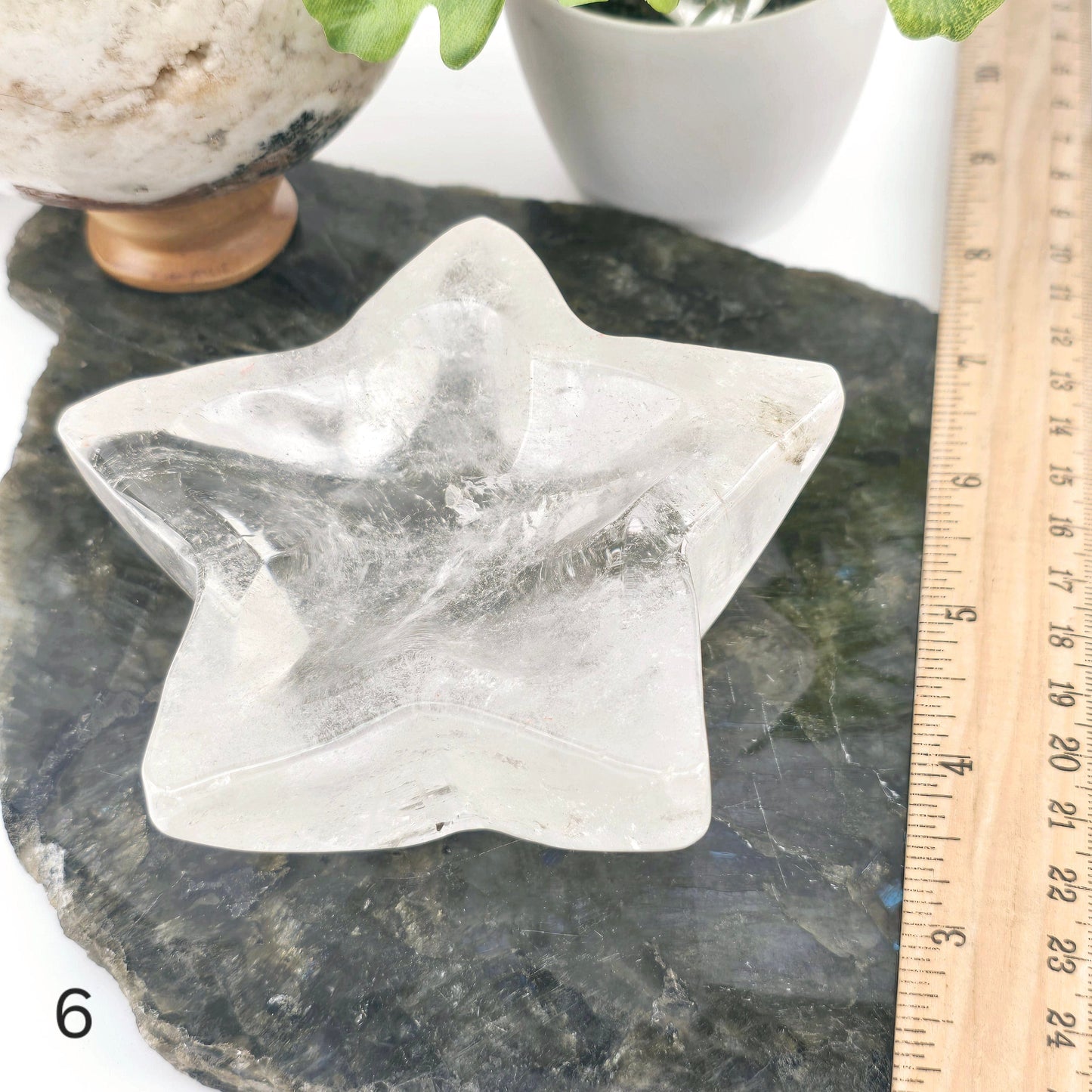 Crystal Quartz Star Dish - You Choose #1 variant 6 labeled with ruler for size reference