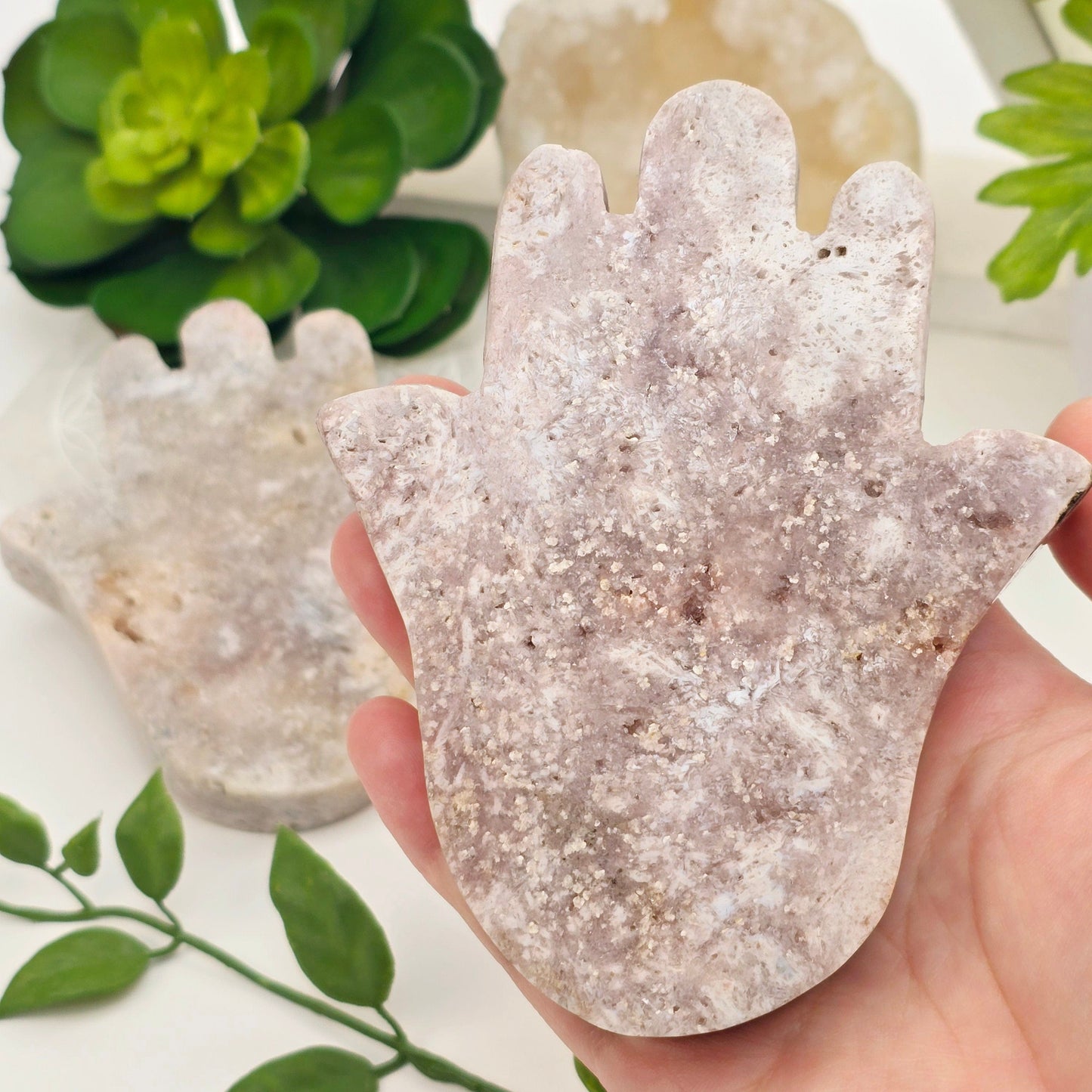 Pink Amethyst Polished Crystal Hamsa Hand - You Choose - variant 2 in hand for size reference