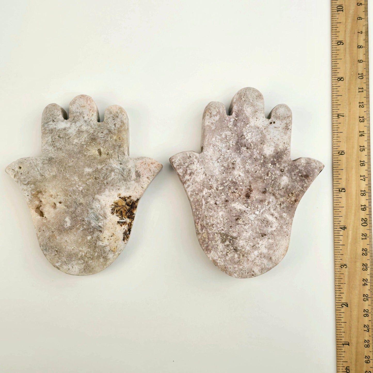 Pink Amethyst Polished Crystal Hamsa Hand - You Choose both variants with ruler for size reference