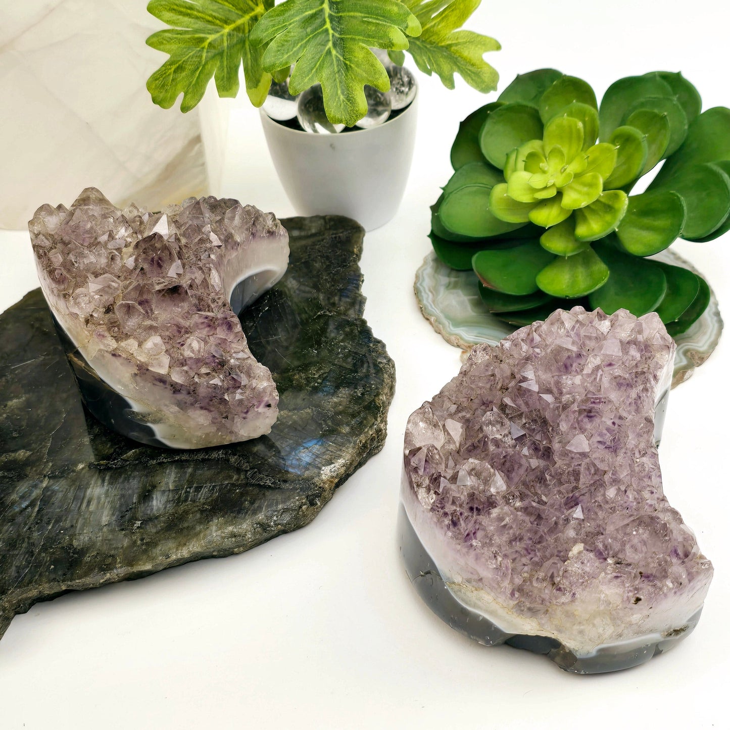 Agate Amethyst Polished Crystal Moon - You Choose side view