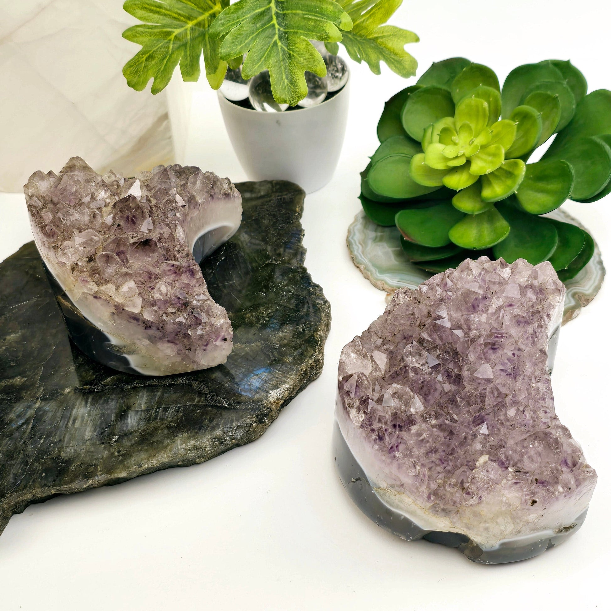 Agate Amethyst Polished Crystal Moon - You Choose side view
