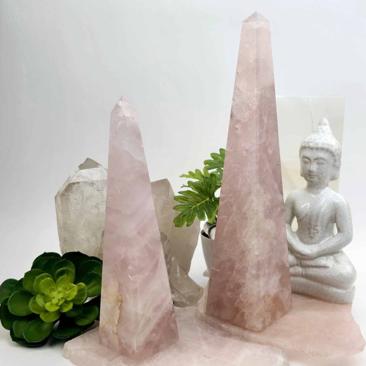 Rose Quartz Polished Crystal Obelisk - You Choose- both variants with props and plants in the background