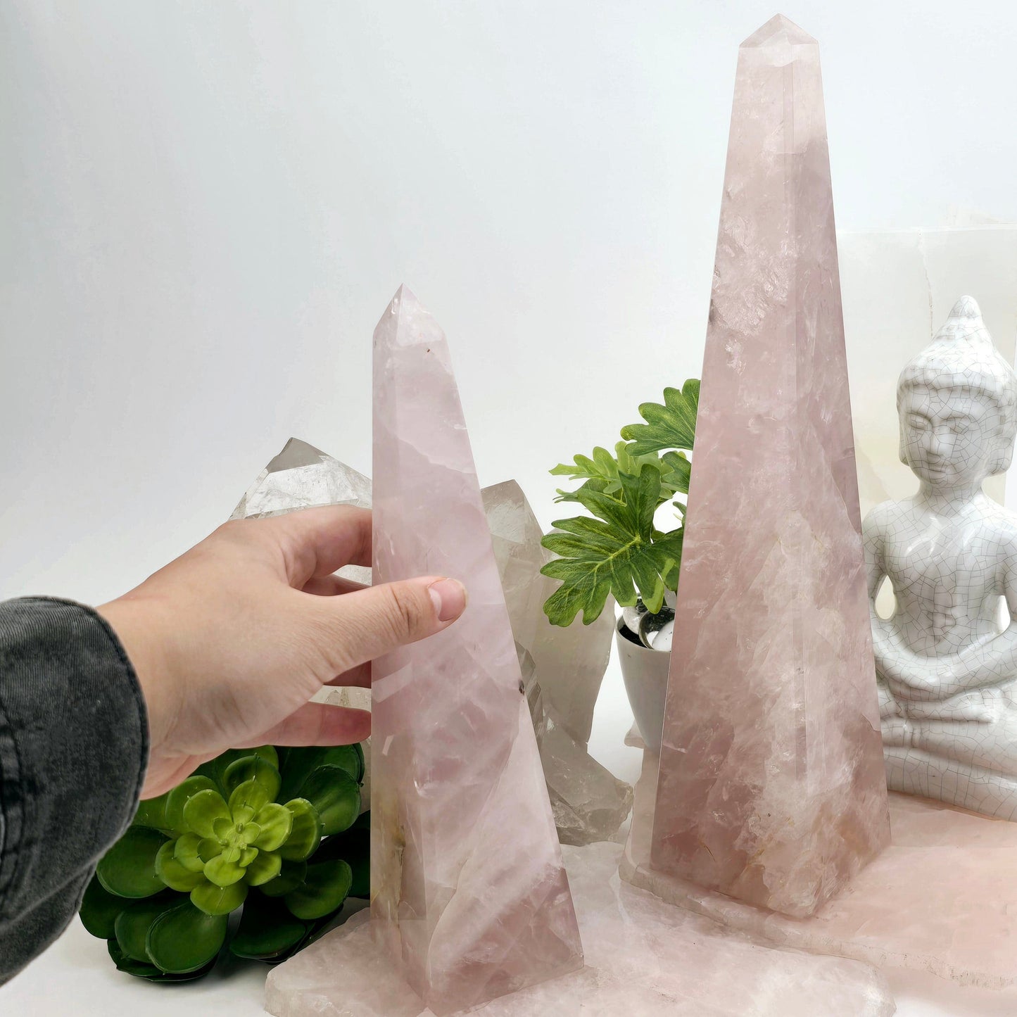 Rose Quartz Polished Crystal Obelisk - You Choose with hand for size reference