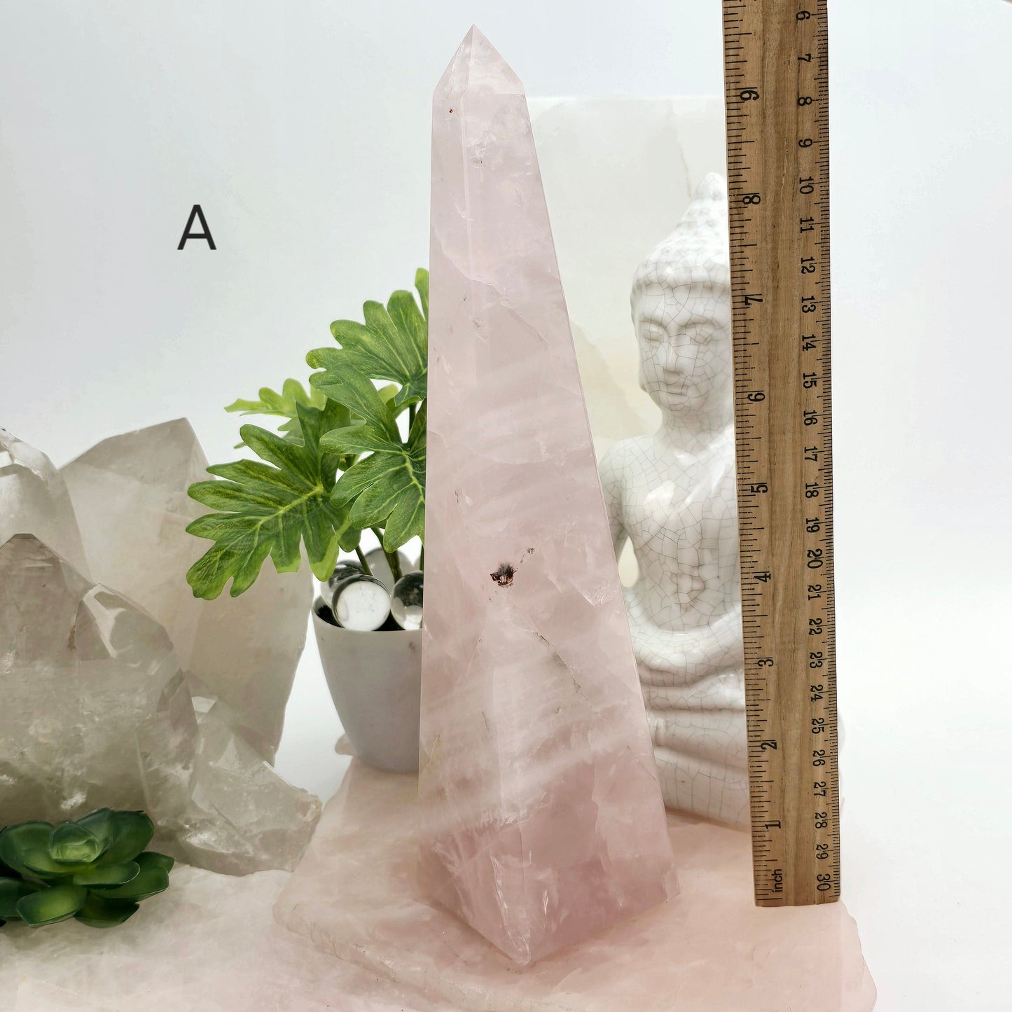 Rose Quartz Polished Crystal Obelisk - You Choose  variant A labeled with ruler for size reference