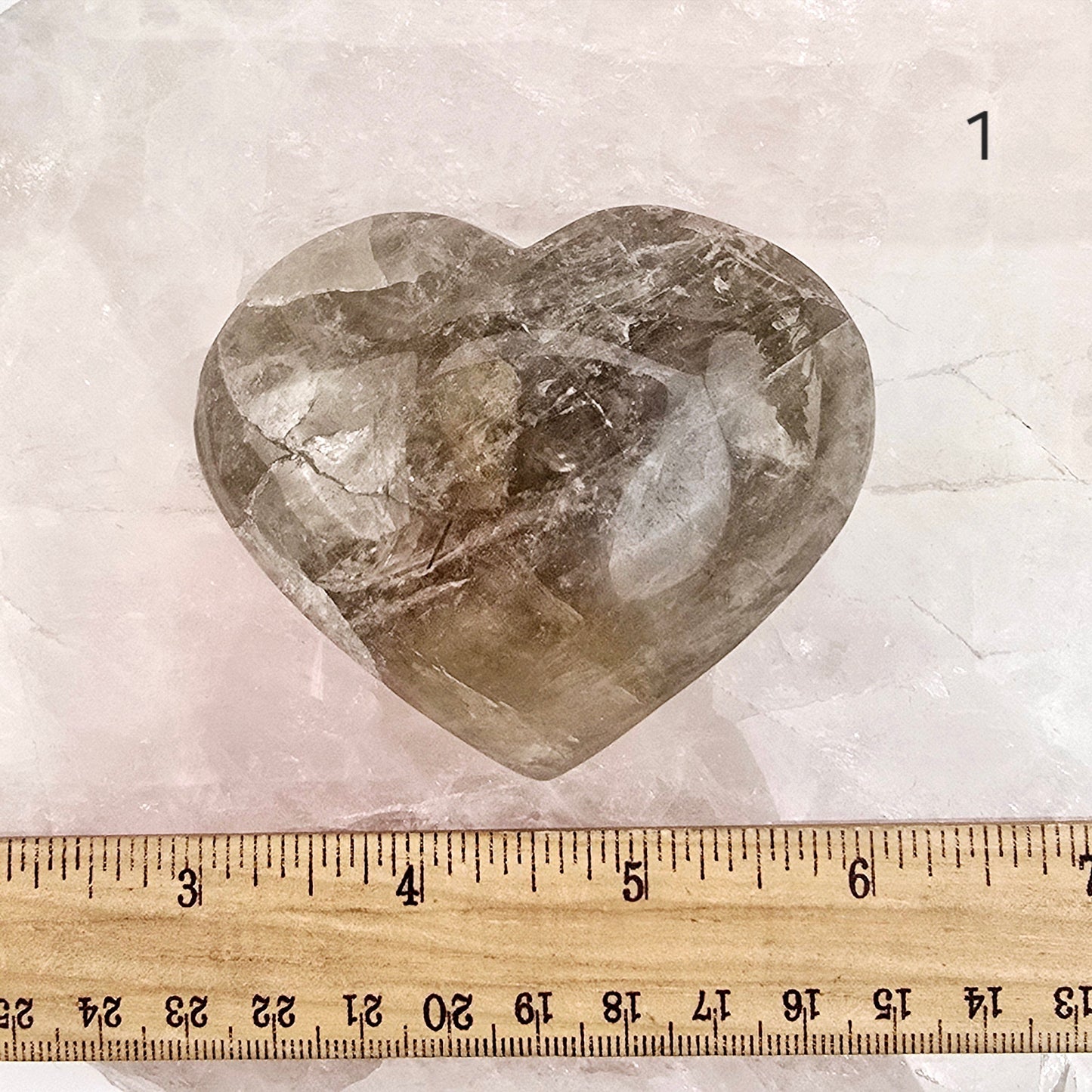 Amethyst Super Seven Polished Crystal Heart YOU CHOOSE variant 1 labeled with ruler for size reference