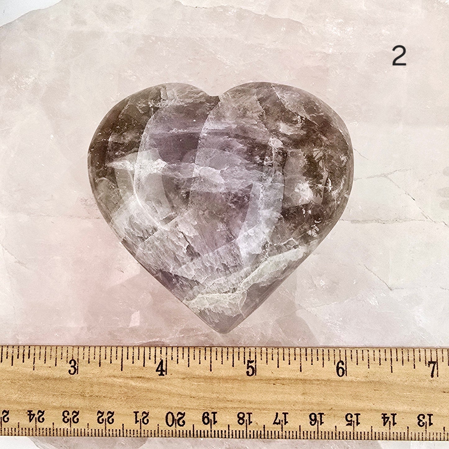 Amethyst Super Seven Polished Crystal Heart YOU CHOOSE variant 2 labeled with ruler for size reference