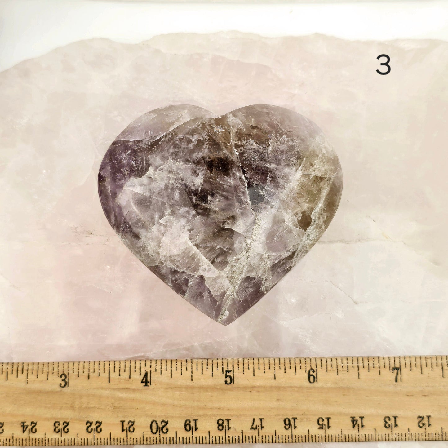 Amethyst Super Seven Polished Crystal Heart YOU CHOOSE variant 3 labeled with ruler for size reference