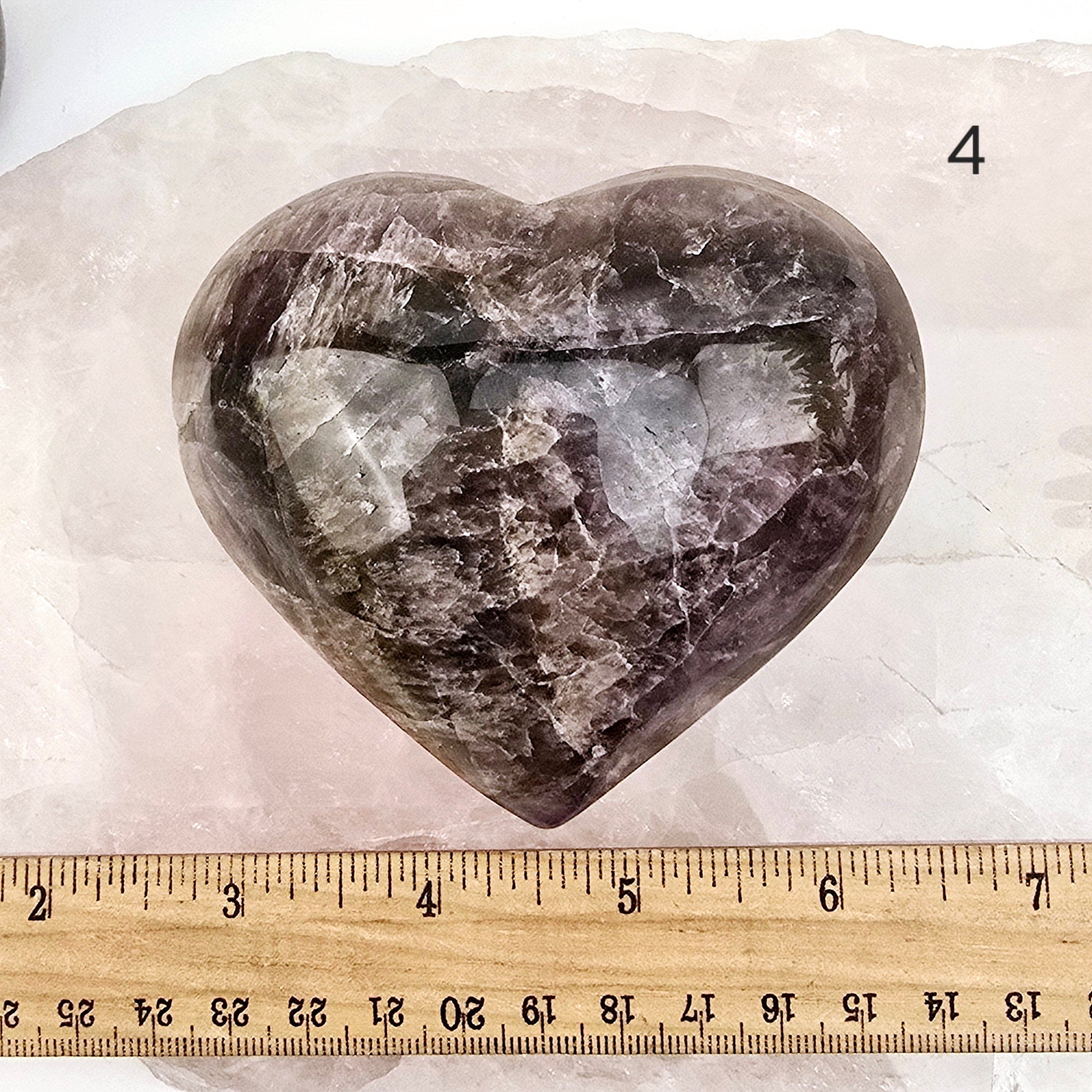 Amethyst Super Seven Polished Crystal Heart YOU CHOOSE variant 4 labeled with ruler for size reference