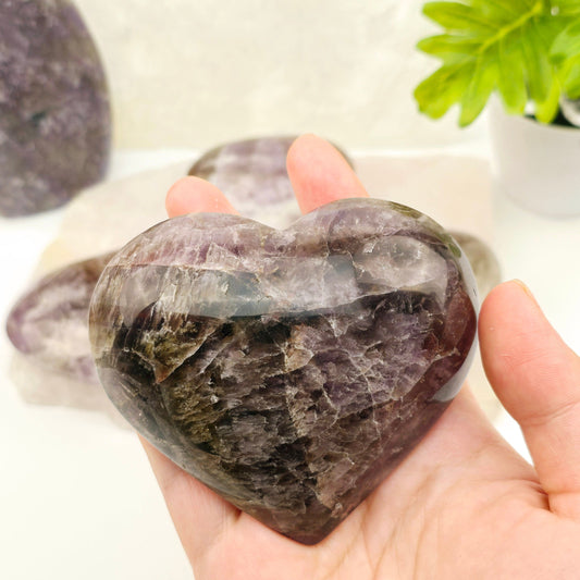 Amethyst Super Seven Polished Crystal Heart YOU CHOOSE - one in hand for size reference with others in background with props and plants