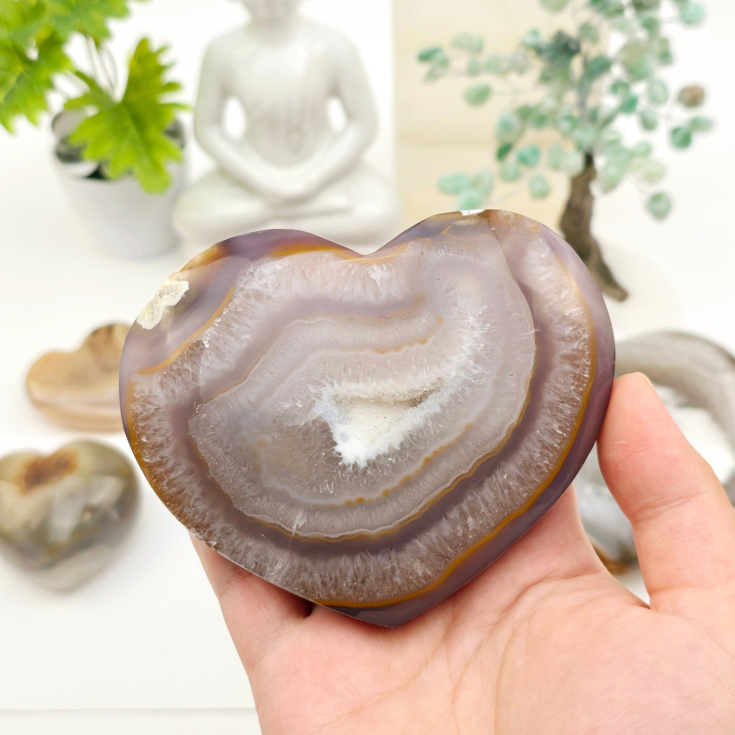 Agate Druzy Crystal Heart YOU CHOOSE Valentine's Day Gift Idea #2 variant 3 in hand for size reference with others in background with props and plants