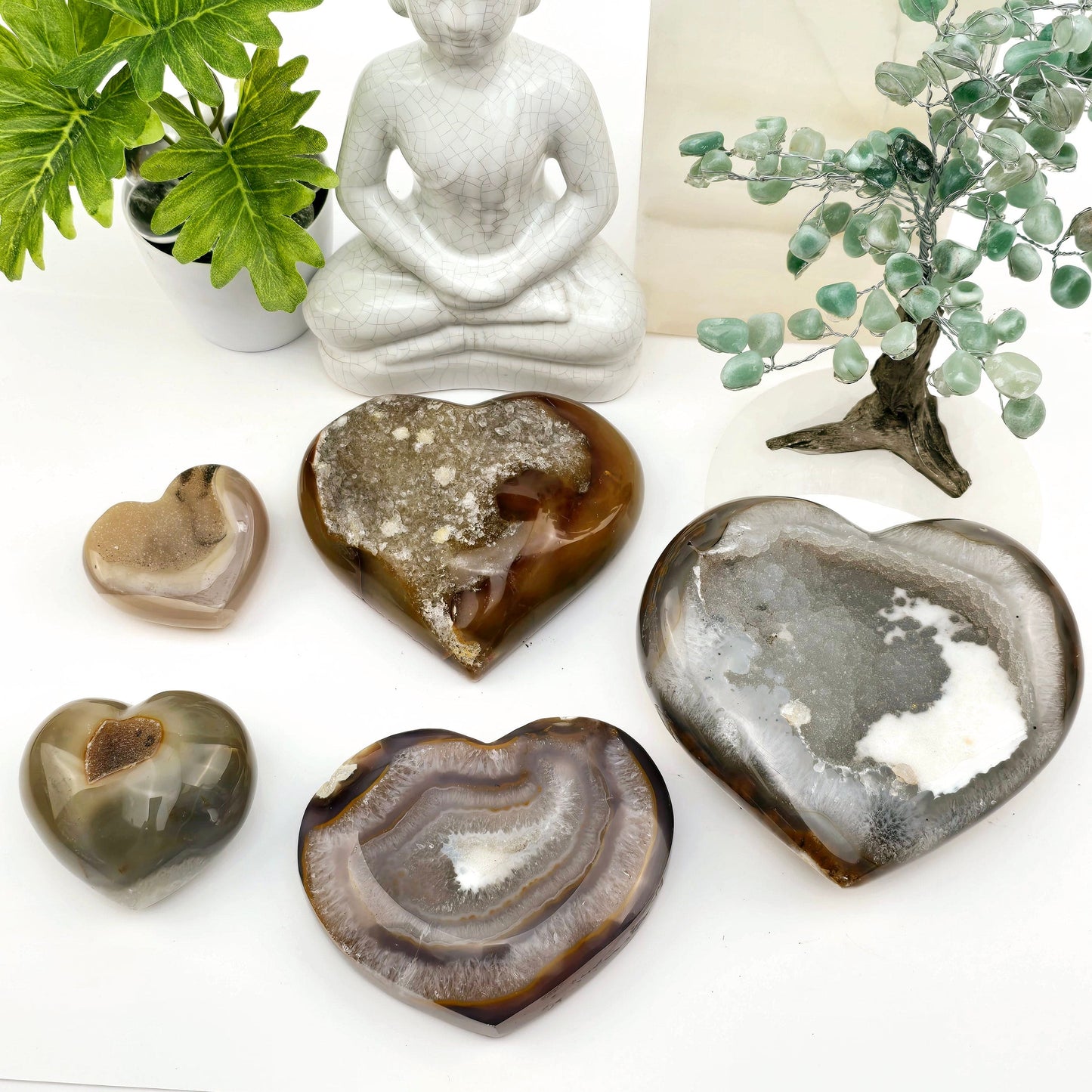 Agate Druzy Crystal Heart YOU CHOOSE Valentine's Day Gift Idea all variants with props and plants in the background