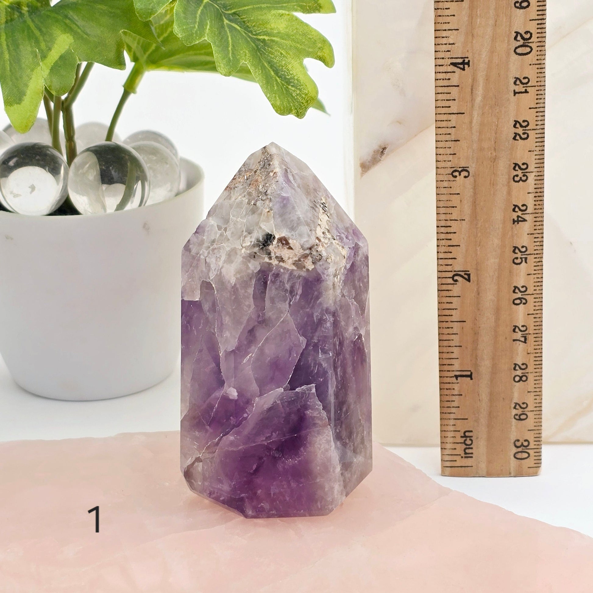 Chevron Amethyst Polished Crystal Point YOU CHOOSE  variant 1 labeled with ruler for size reference