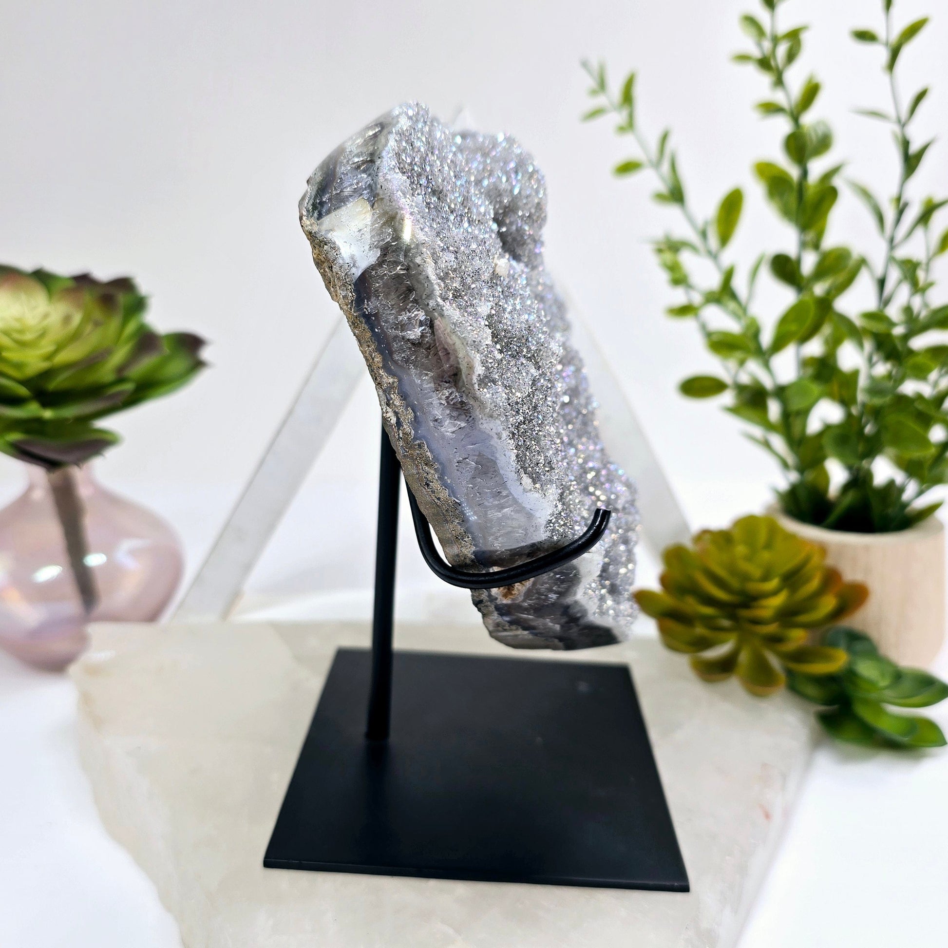 Angel Aura Amethyst Druzy Crystal Heart on Stand Valentine's Day Gift side view