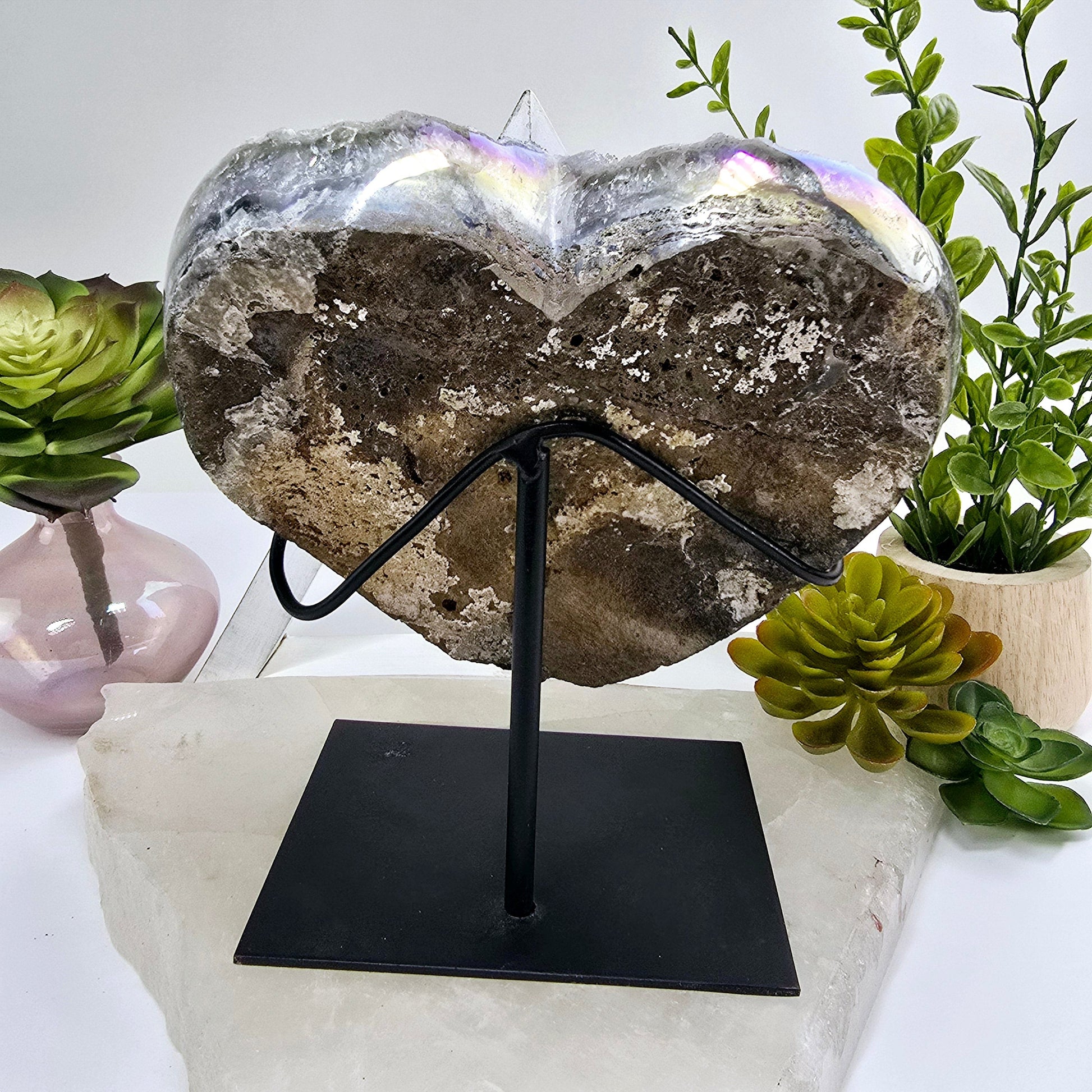 Angel Aura Amethyst Druzy Crystal Heart on Stand Valentine's Day Gift back view