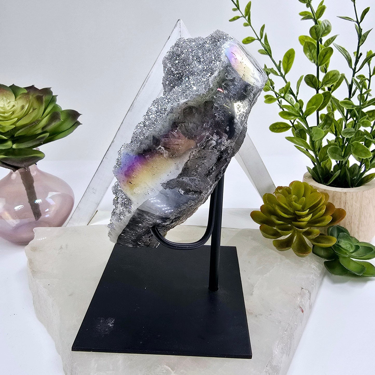 Angel Aura Amethyst Druzy Crystal Heart on Stand Valentine's Day Gift side view