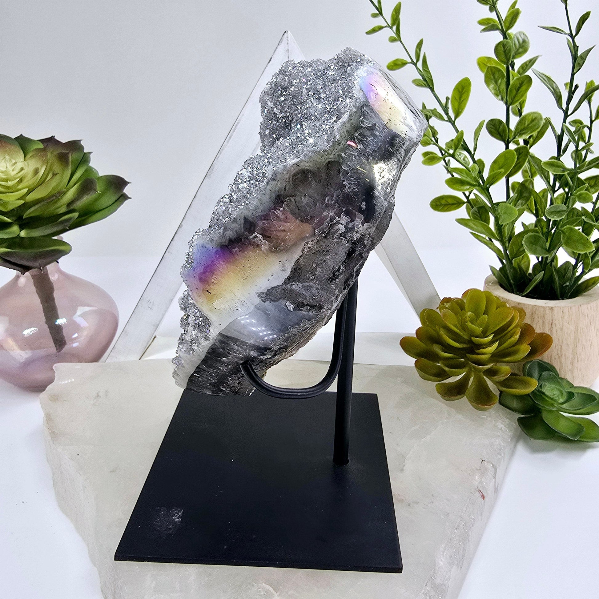 Angel Aura Amethyst Druzy Crystal Heart on Stand Valentine's Day Gift side view