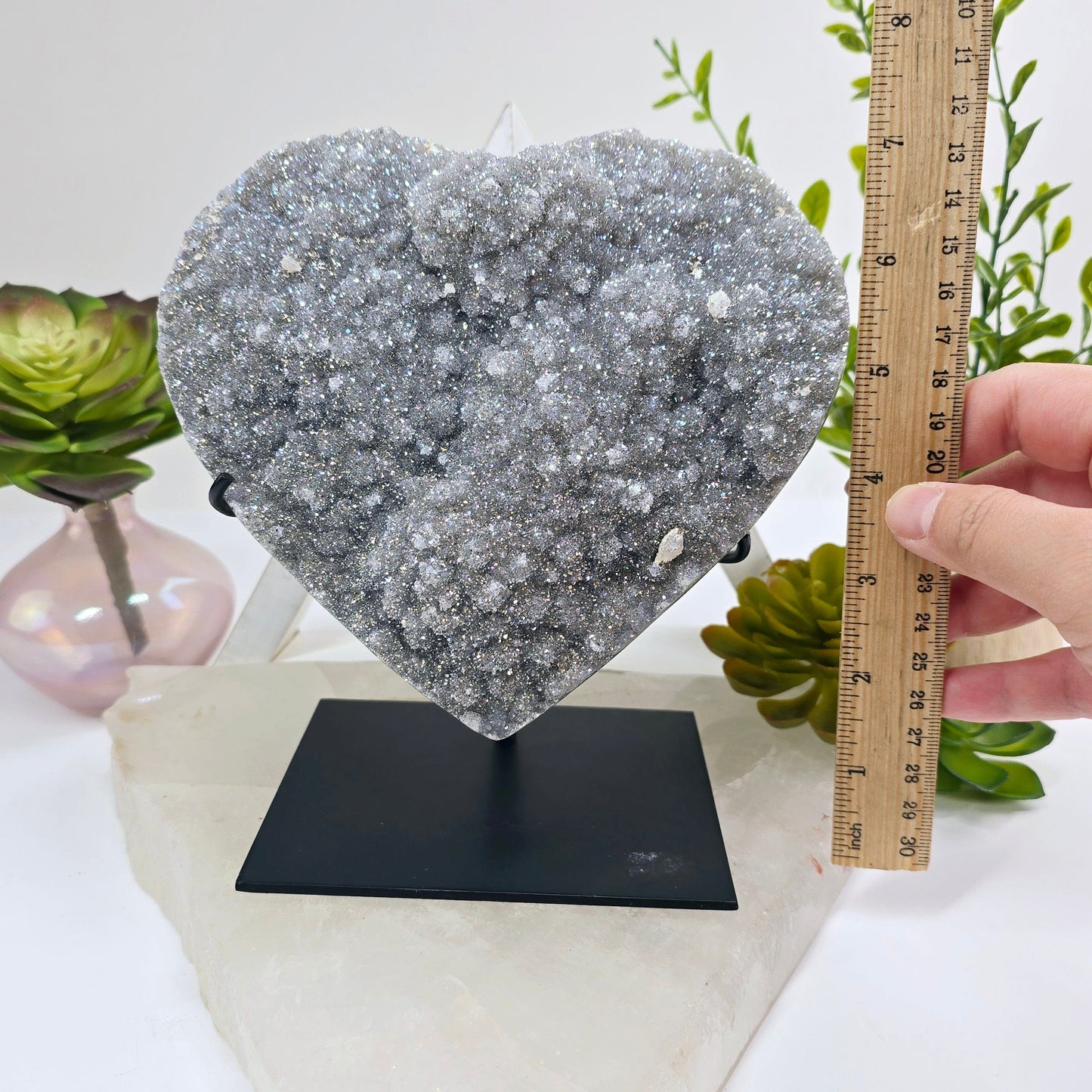 Angel Aura Amethyst Druzy Crystal Heart on Stand Valentine's Day Gift front view with ruler and hand for size reference 