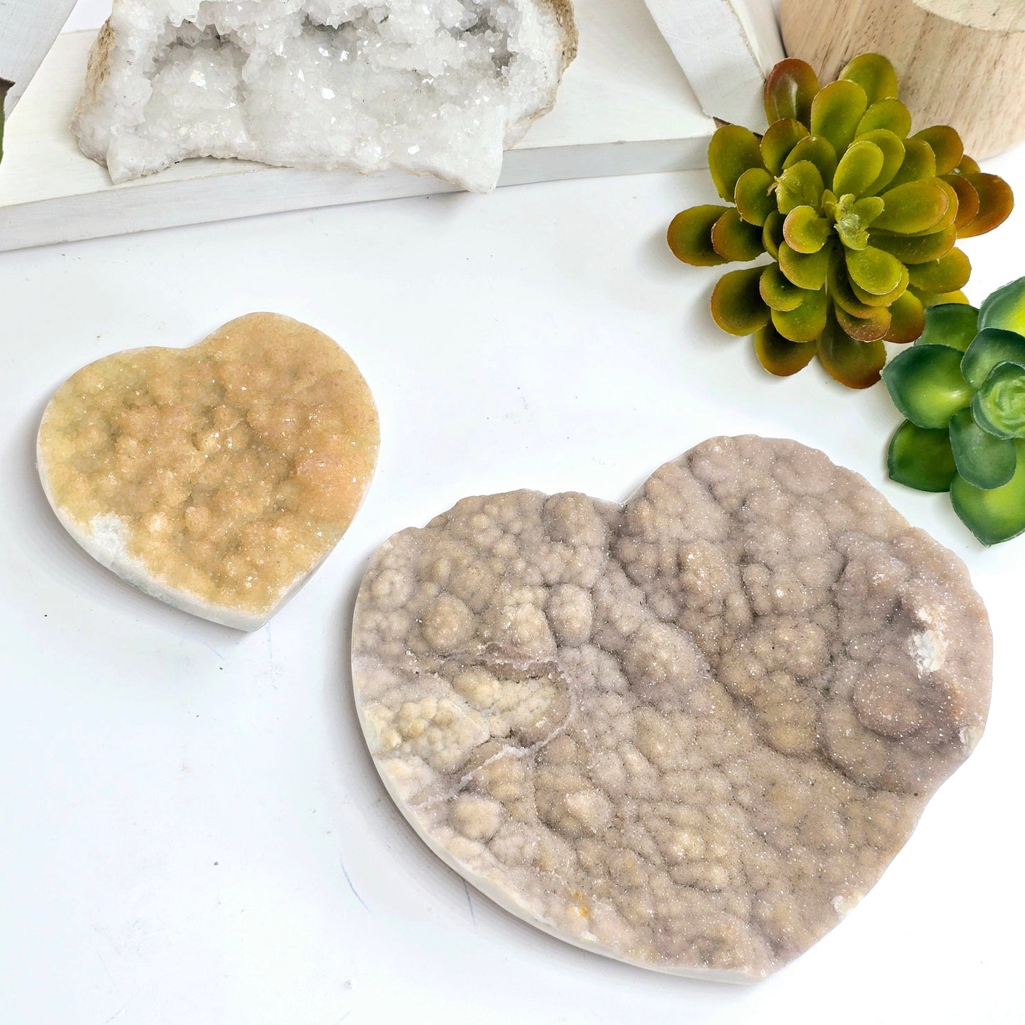 Agate Druzy Crystal Heart - You Choose #1 - both variants with props and plants in the background