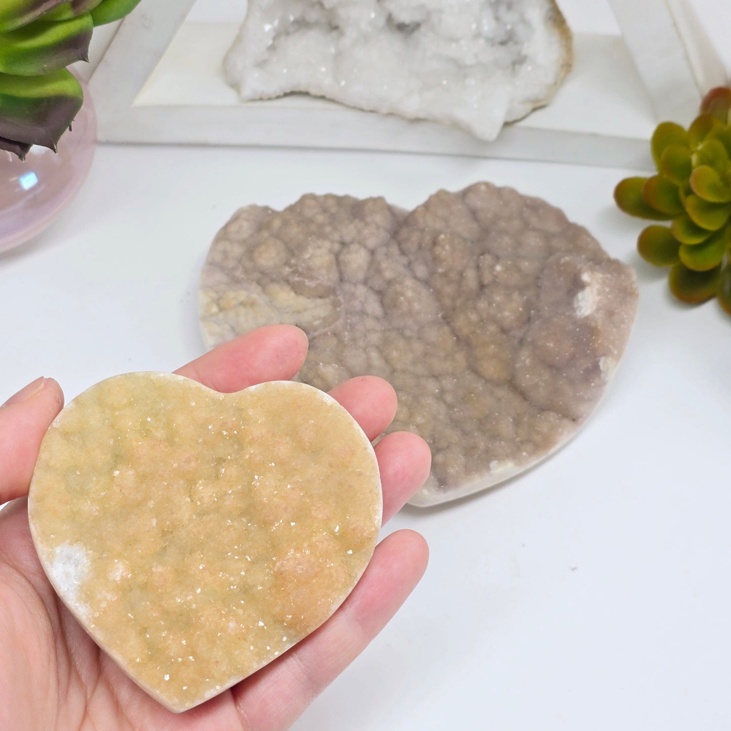 Agate Druzy Crystal Heart - You Choose #1 variant 1 in hand for size reference with variant 2 in background