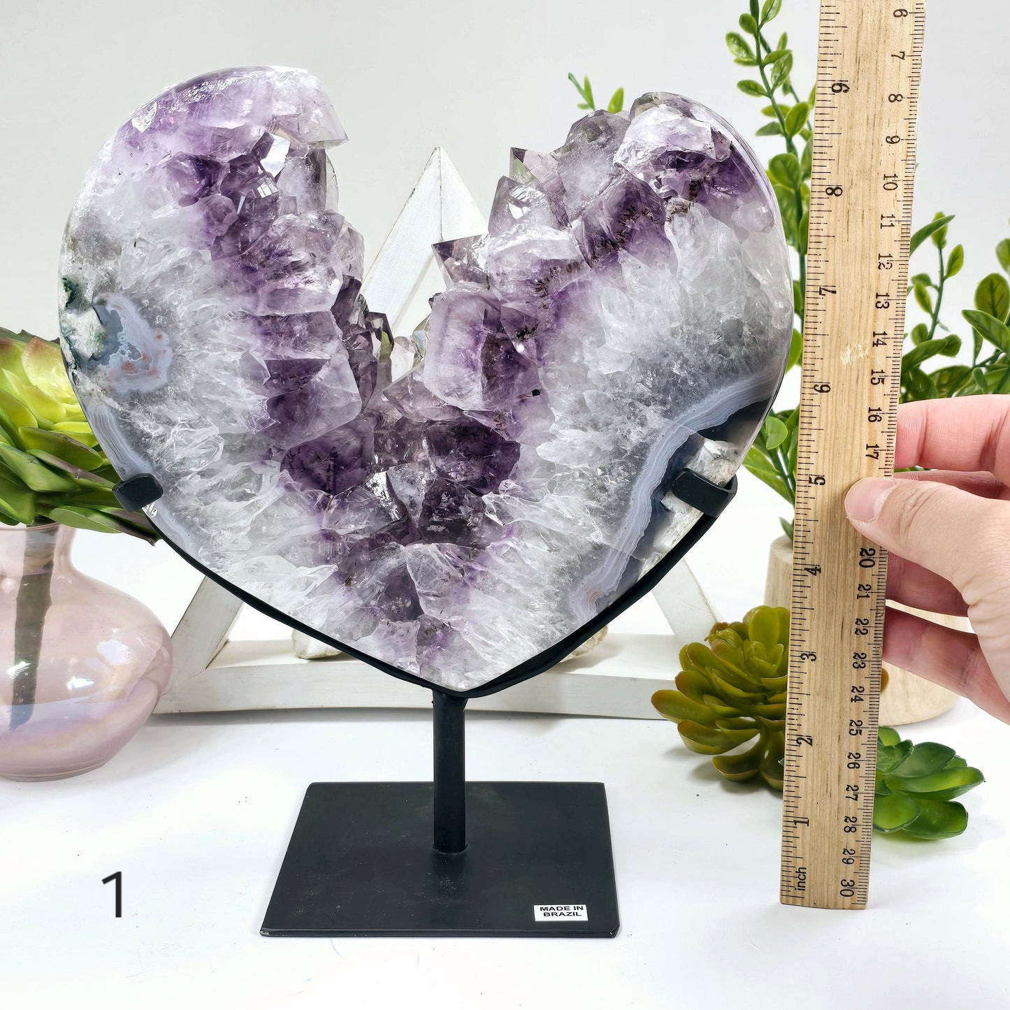 Amethyst Large Crystal Heart on Stand - You Choose #1 variant 1 labeled with hand and ruler for size reference