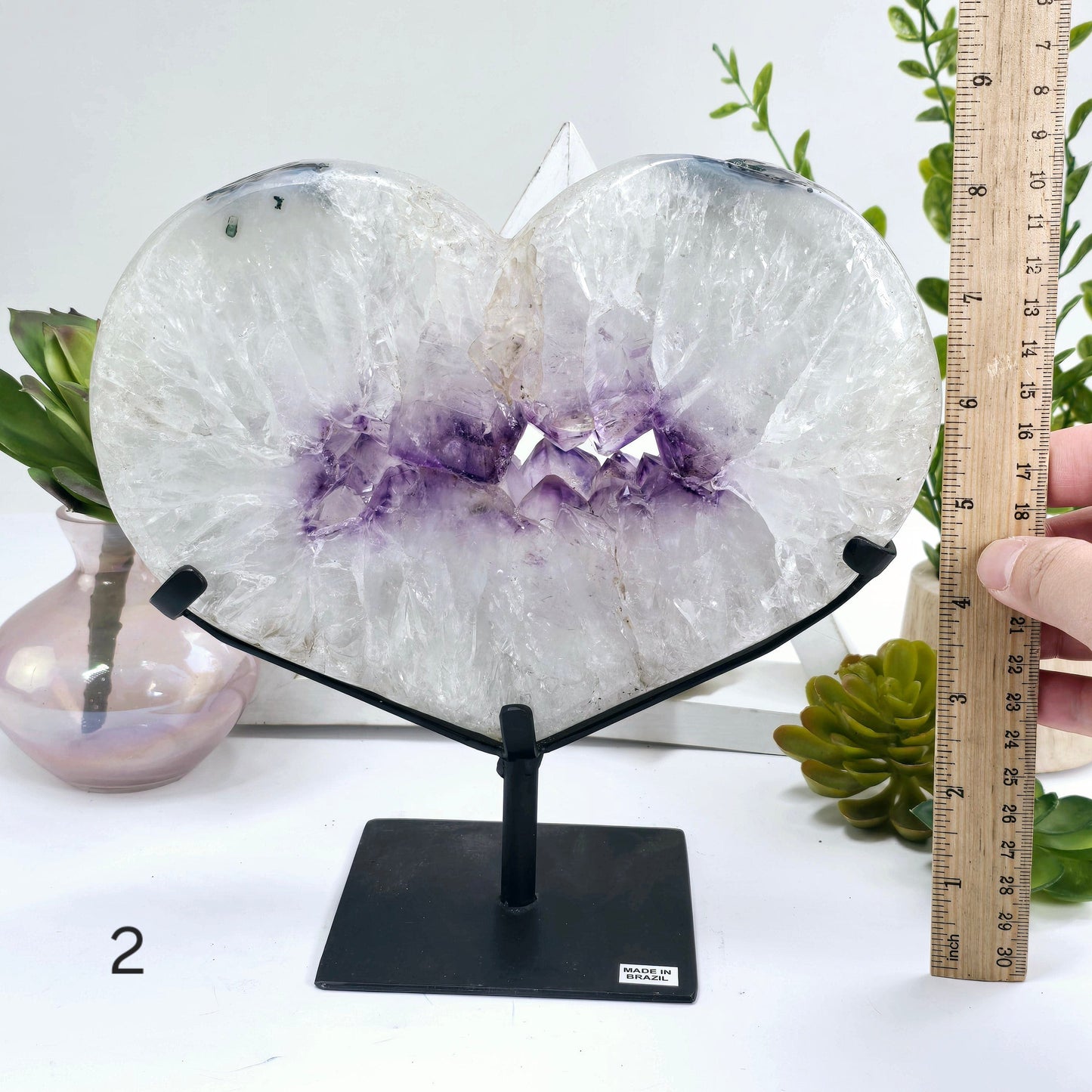 Amethyst Large Crystal Heart on Stand - You Choose #1 variant 2 labeled with hand and ruler for size reference