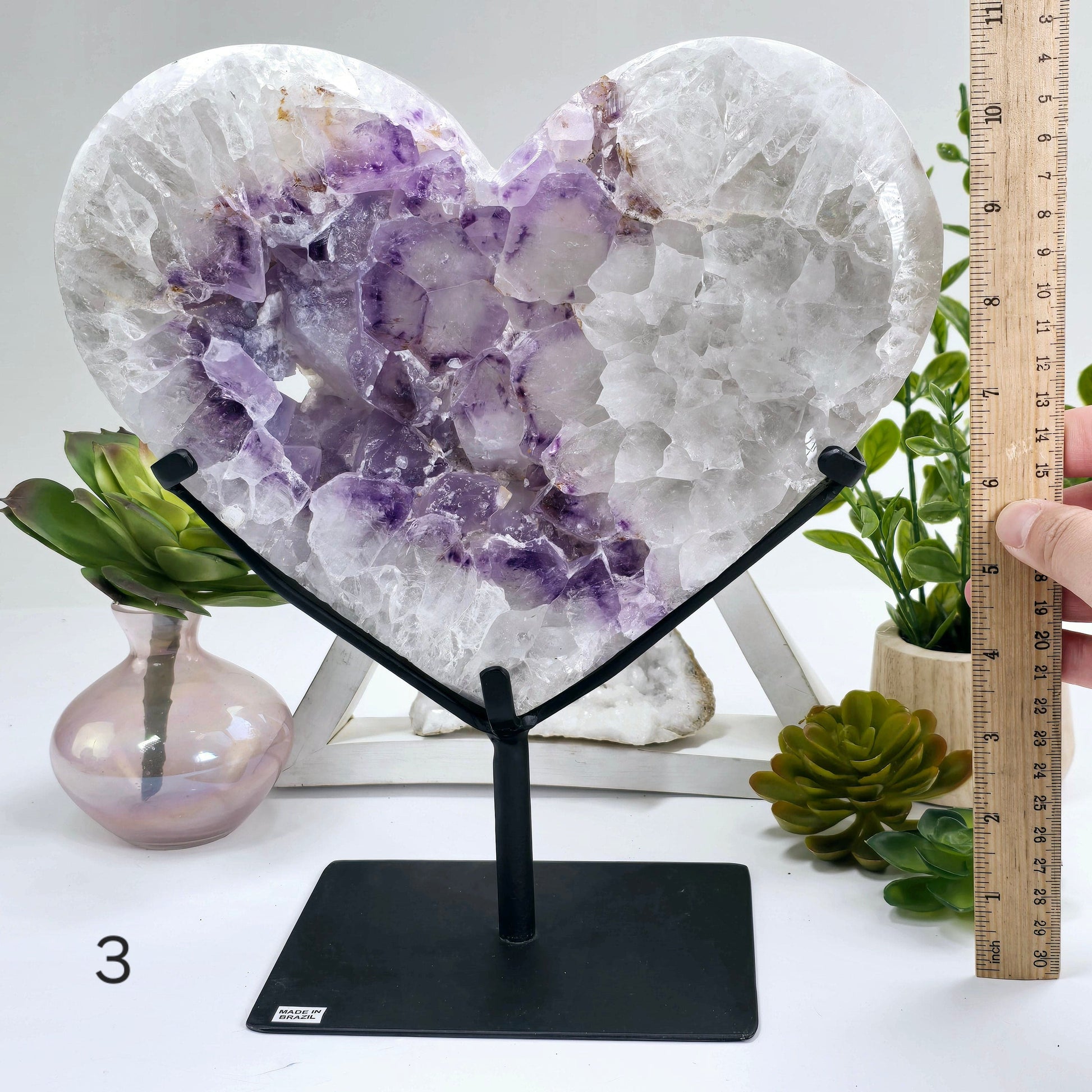 Amethyst Large Crystal Heart on Stand - You Choose #1 variant 3 labeled with hand and ruler for size reference