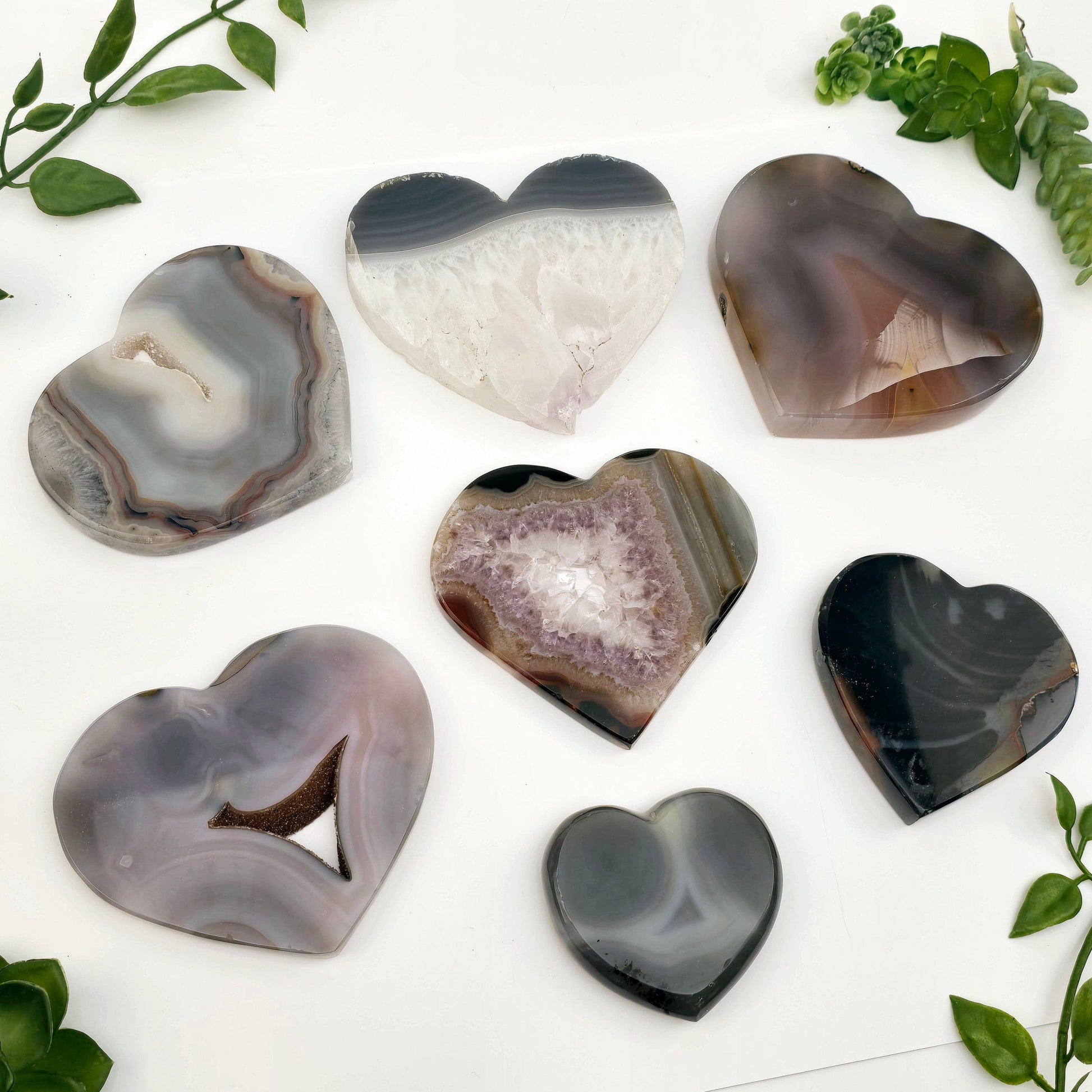 Agate Crystal Heart YOU CHOOSE Valentine's Day Gift Idea #3 all variants with plants in the background