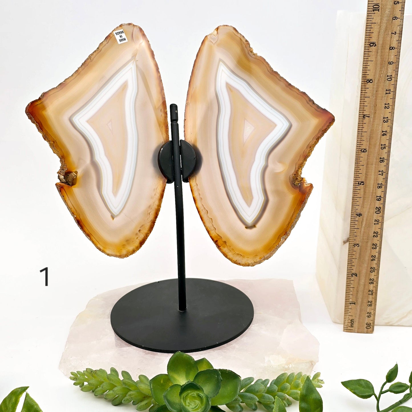 Agate Butterfly Wings - Crystal Slices Pair on Metal Stand - You Choose #1 variant 1 labeled with ruler for size reference
