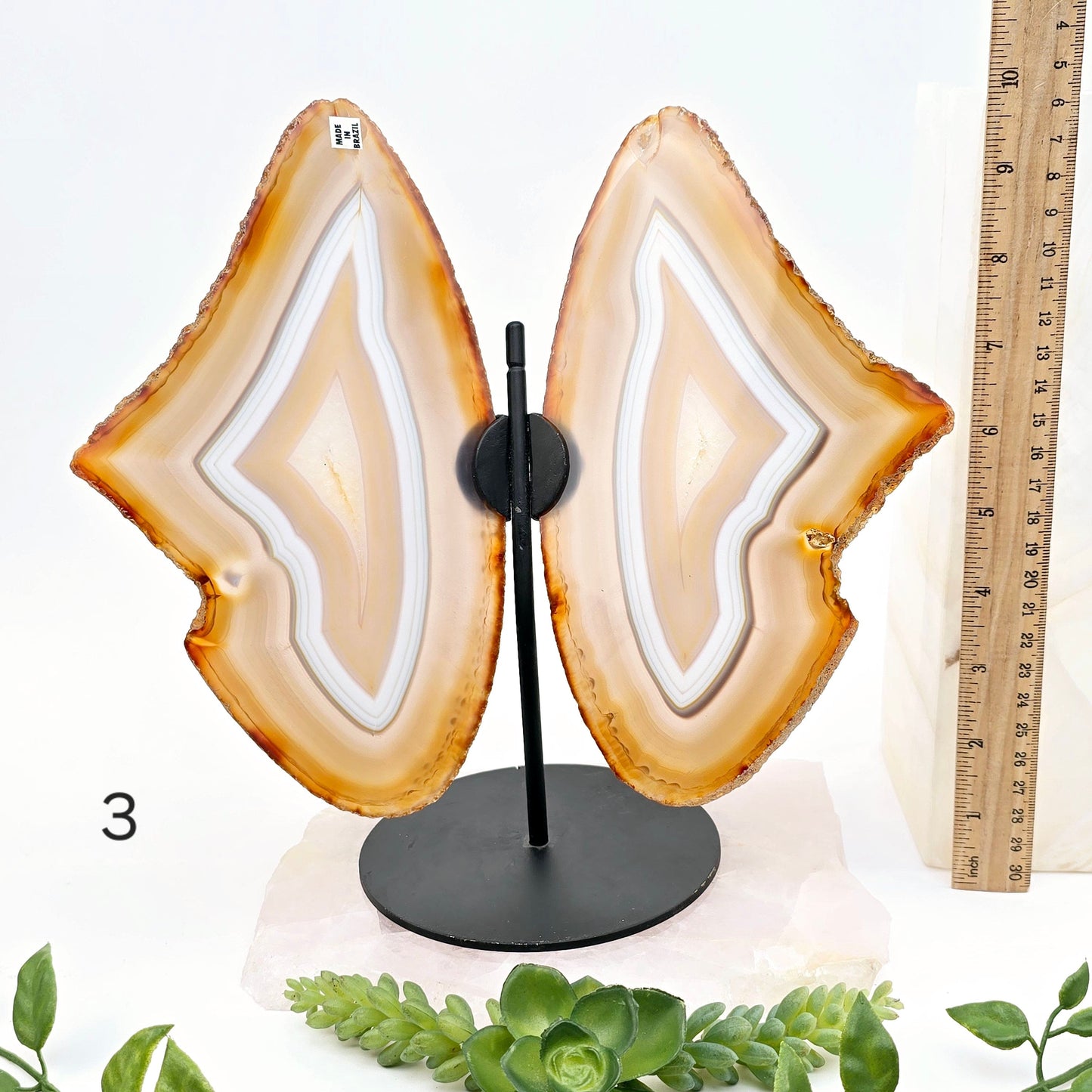 Agate Butterfly Wings - Crystal Slices Pair on Metal Stand - You Choose #1 variant 3 labeled with ruler for size reference