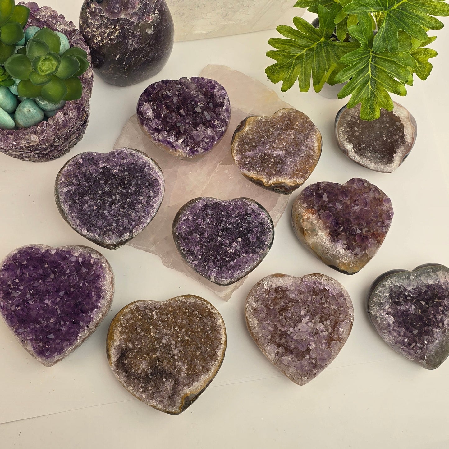 Amethyst Crystal Heart - You Choose #2 all variants with props and plants top view