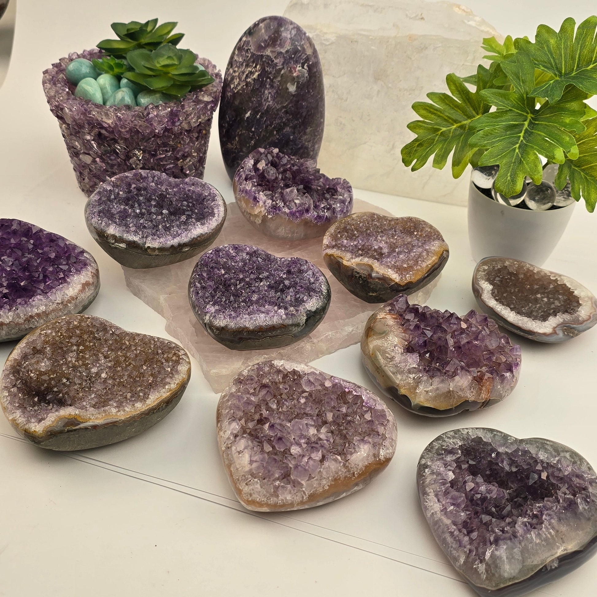 Amethyst Crystal Heart - You Choose #2 all variants with props and plants side view