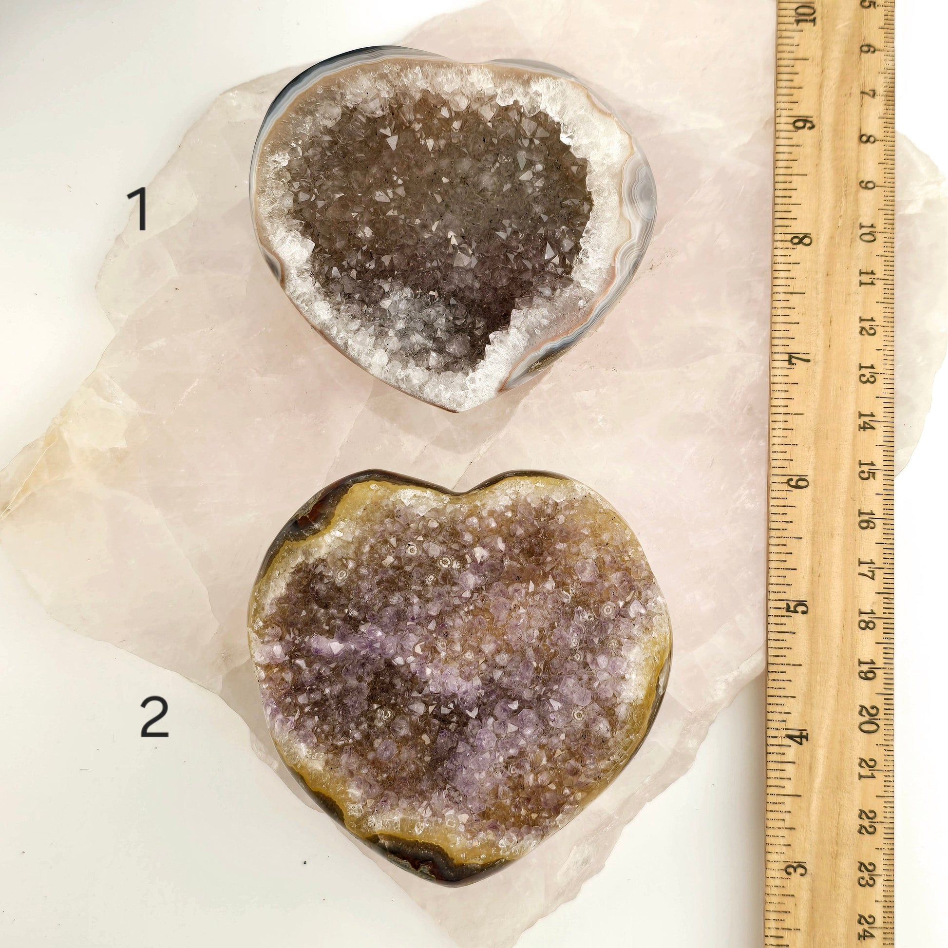 Amethyst Crystal Heart - You Choose #2 variants 1 and 2 labeled with ruler for size reference