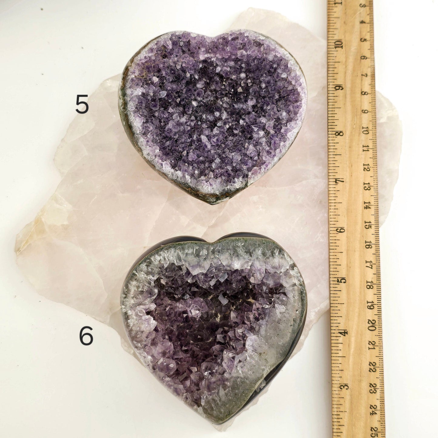 Amethyst Crystal Heart - You Choose #2 variants 5 and 6 labeled with ruler for size reference