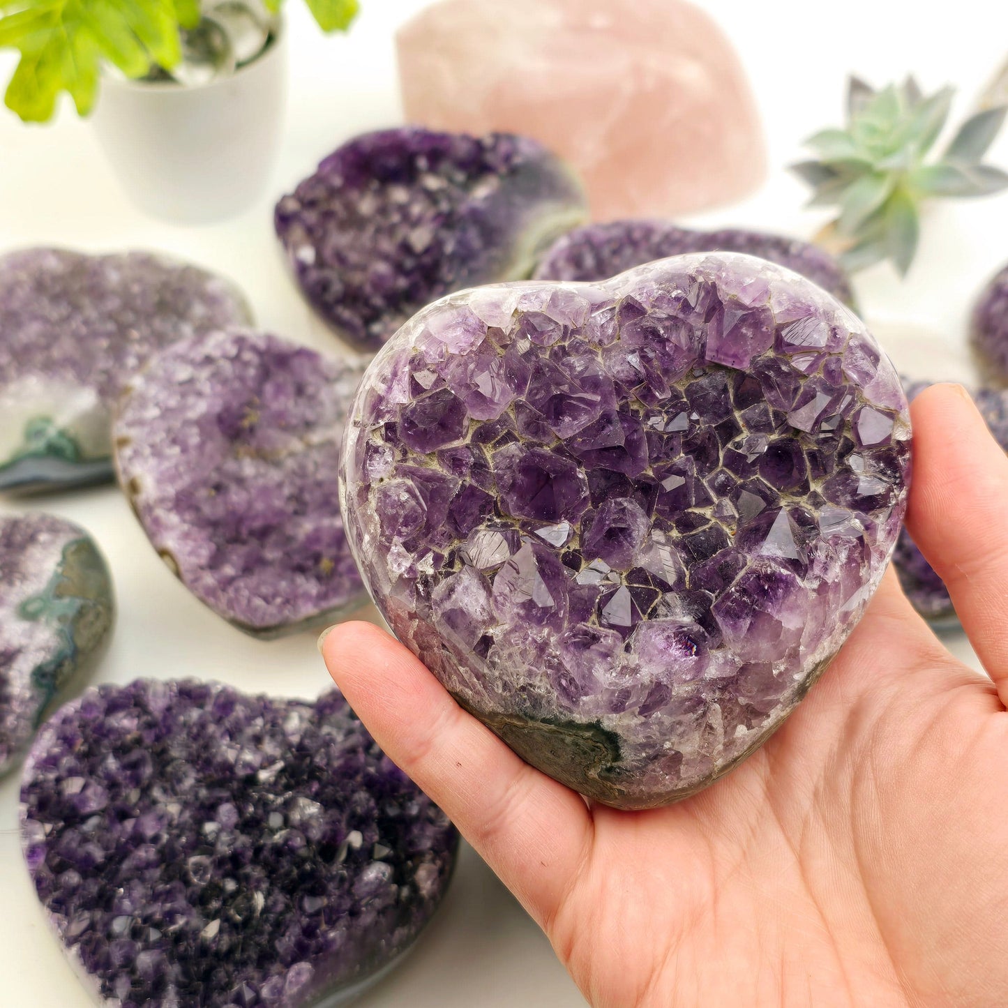 Amethyst Crystal Heart - You Choose #3 variant 10 in hand with other variants in the background with props and plants