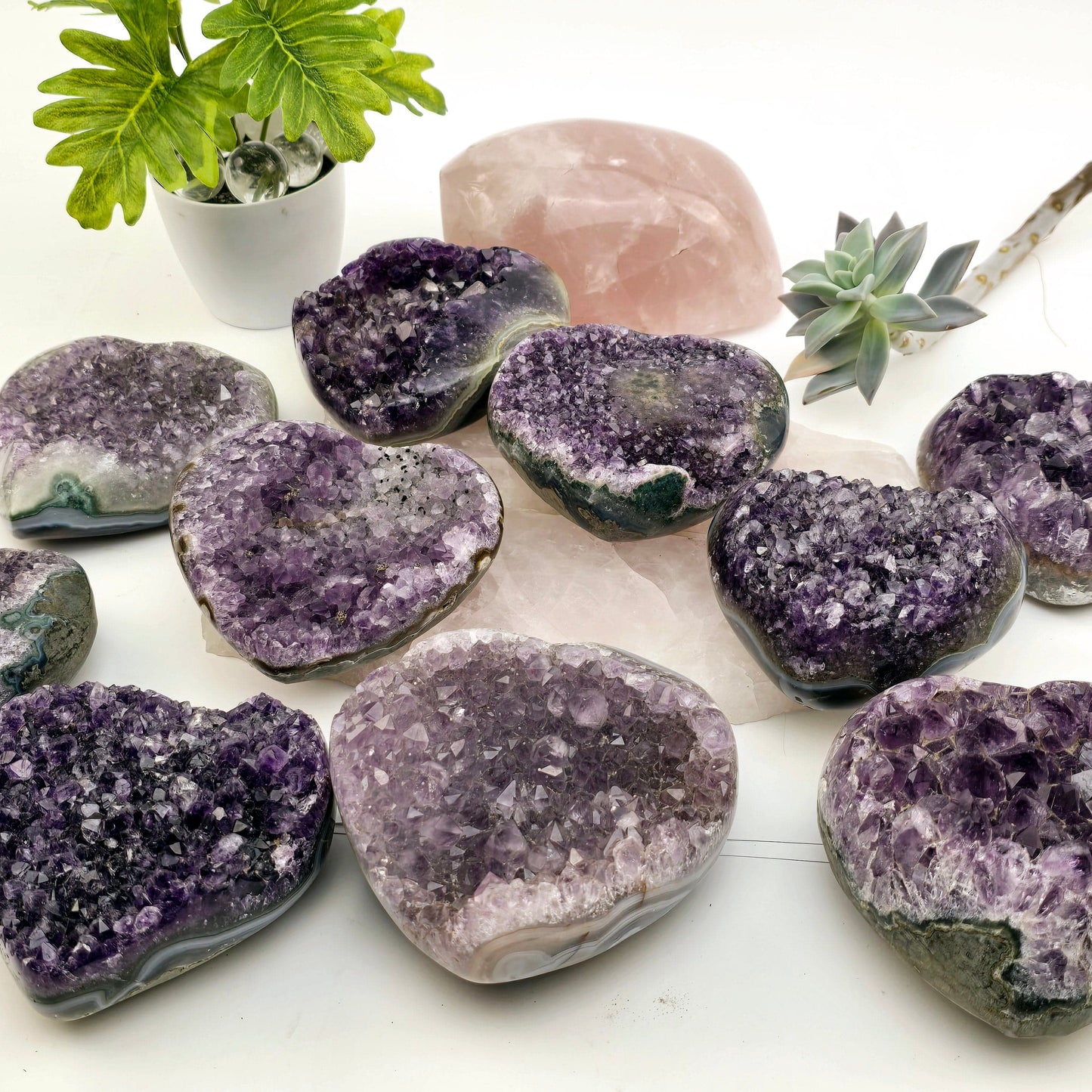 Amethyst Crystal Heart - You Choose #3 all variants side view with props and plants
