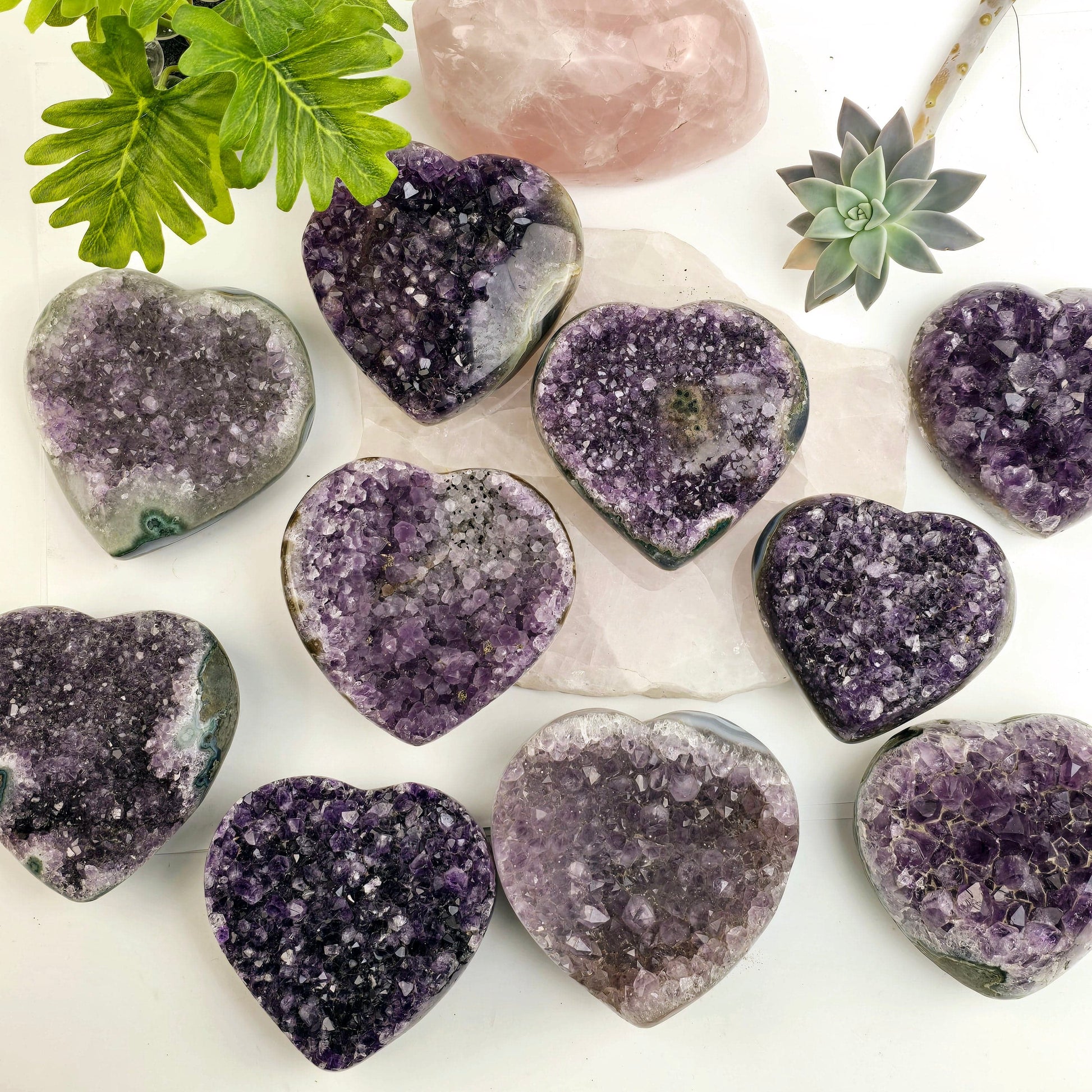 Amethyst Crystal Heart - You Choose #3 all variants top view with props and plants