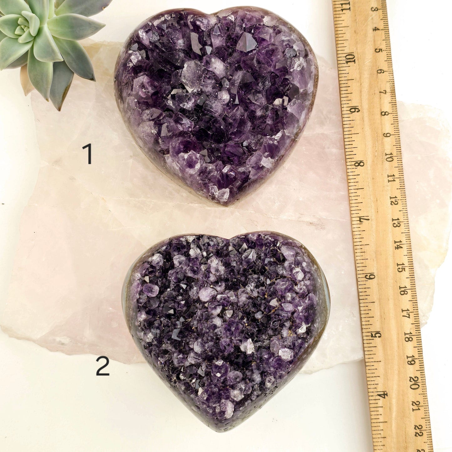 Amethyst Crystal Heart - You Choose #3 variants 1 and 2 labeled with ruler for size reference