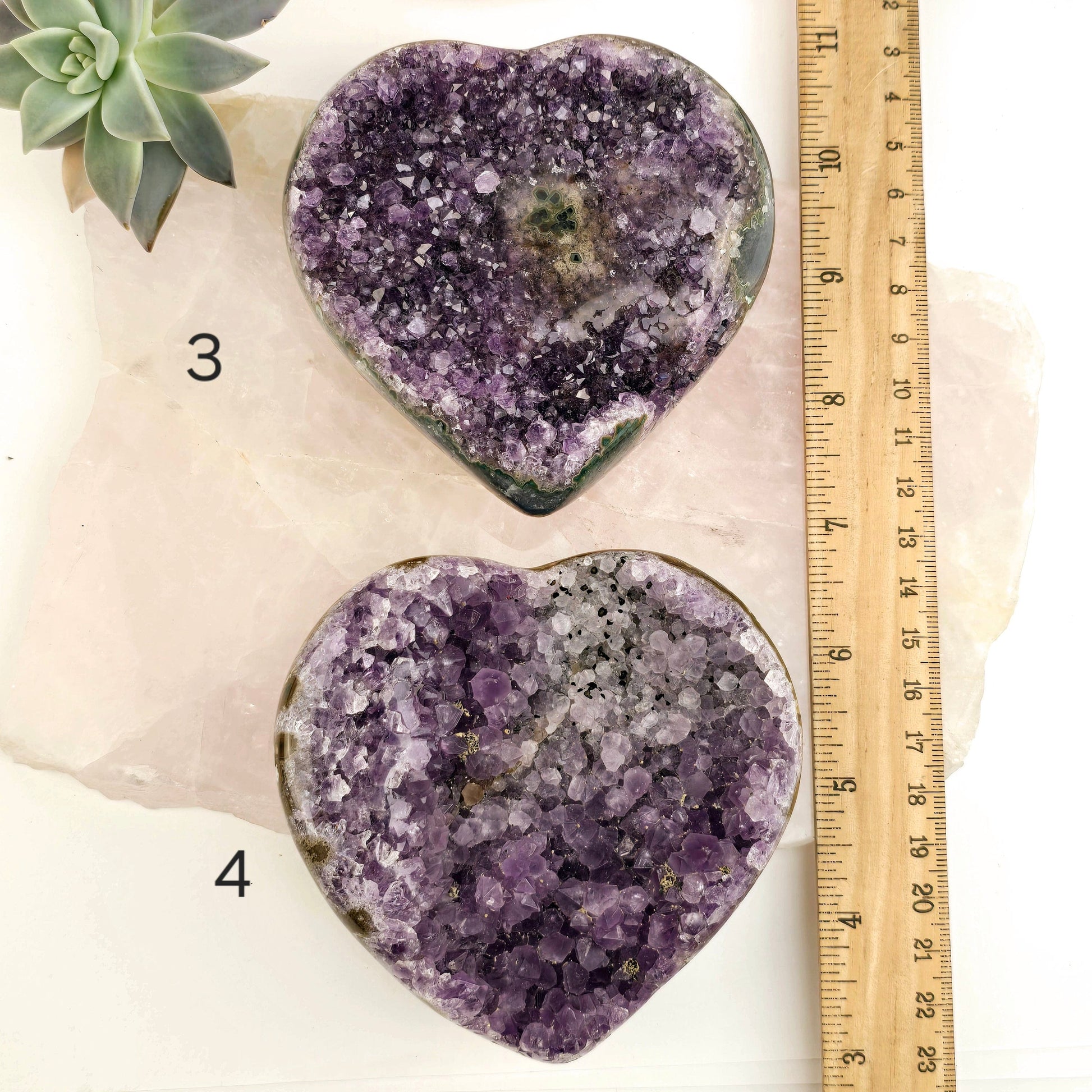 Amethyst Crystal Heart - You Choose #3 variants 3 and 4 labeled with ruler for size reference