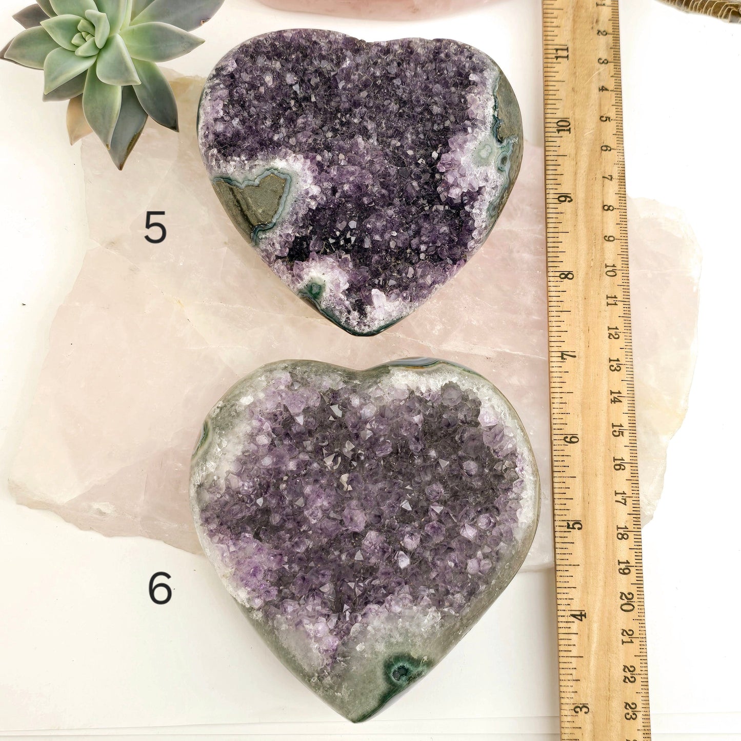 Amethyst Crystal Heart - You Choose #3 variants 5 and 6 labeled with ruler for size reference