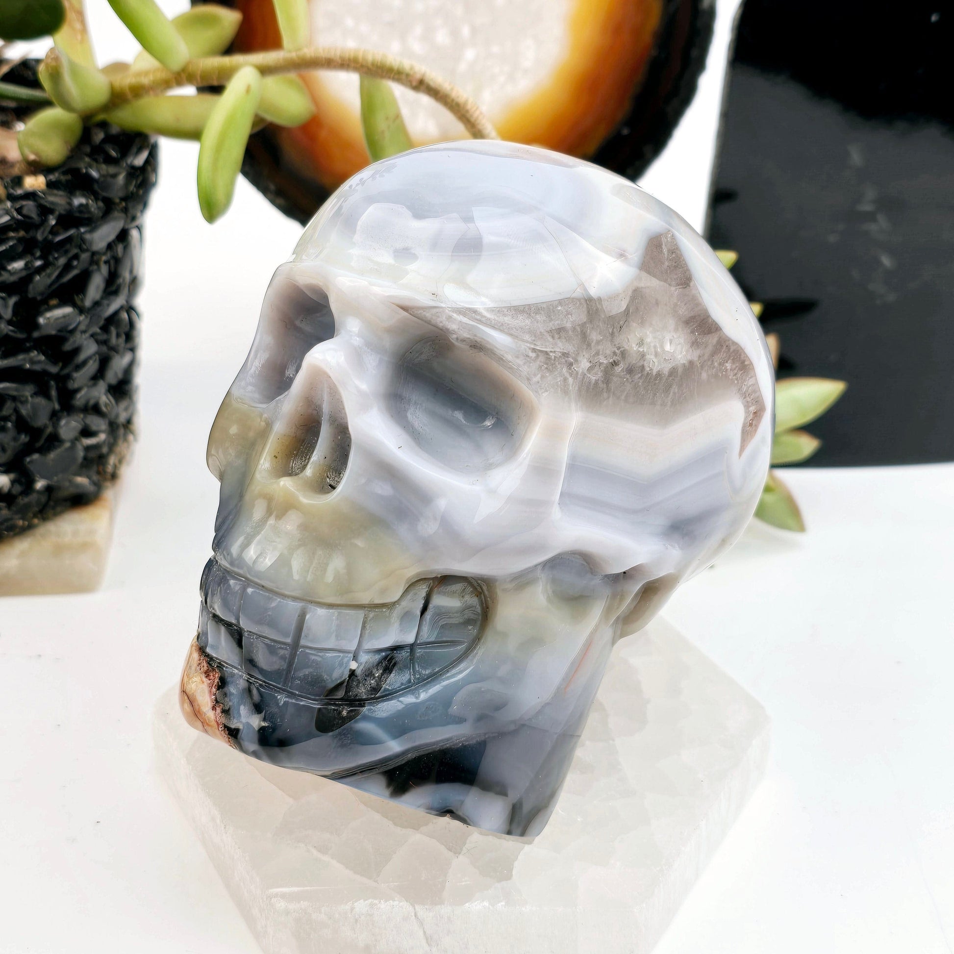Volcano Agate Crystal Skull - One-of-a-Kind front view at an angle