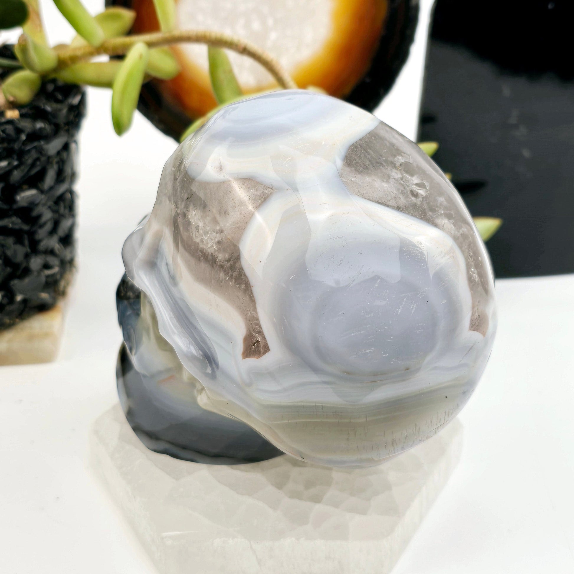 Volcano Agate Crystal Skull - One-of-a-Kind side back view at an angle