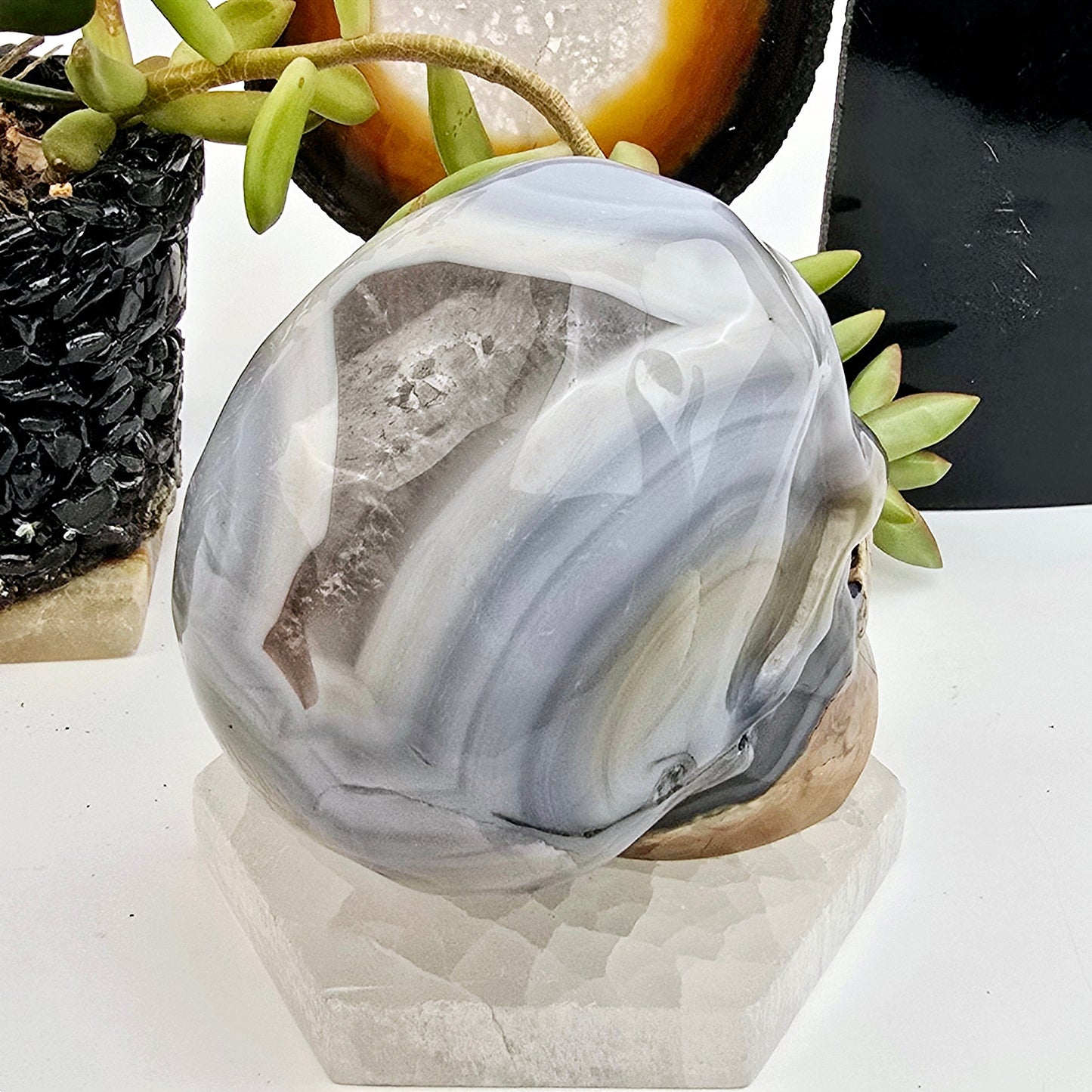 Volcano Agate Crystal Skull - One-of-a-Kind side back view at an angle