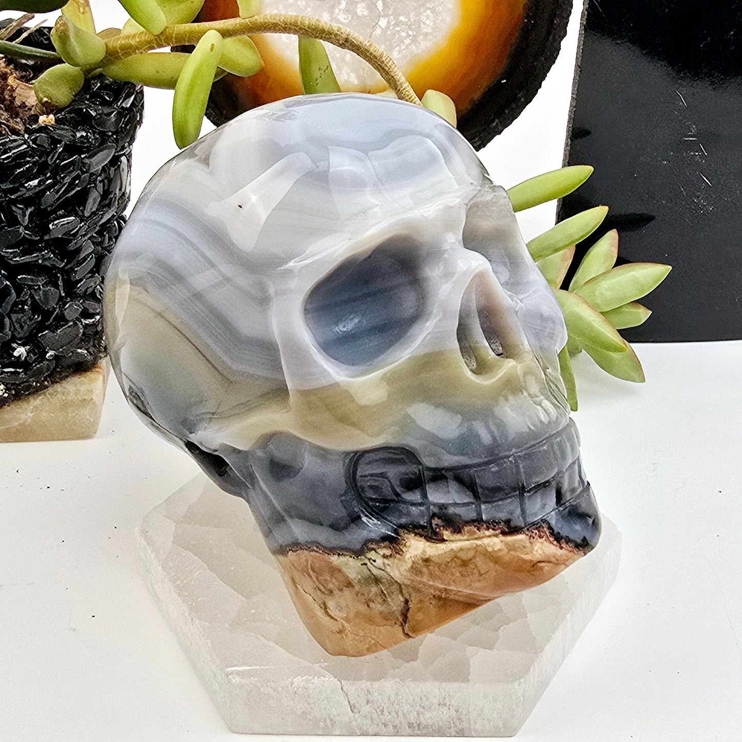 Volcano Agate Crystal Skull - One-of-a-Kind front view at an angle