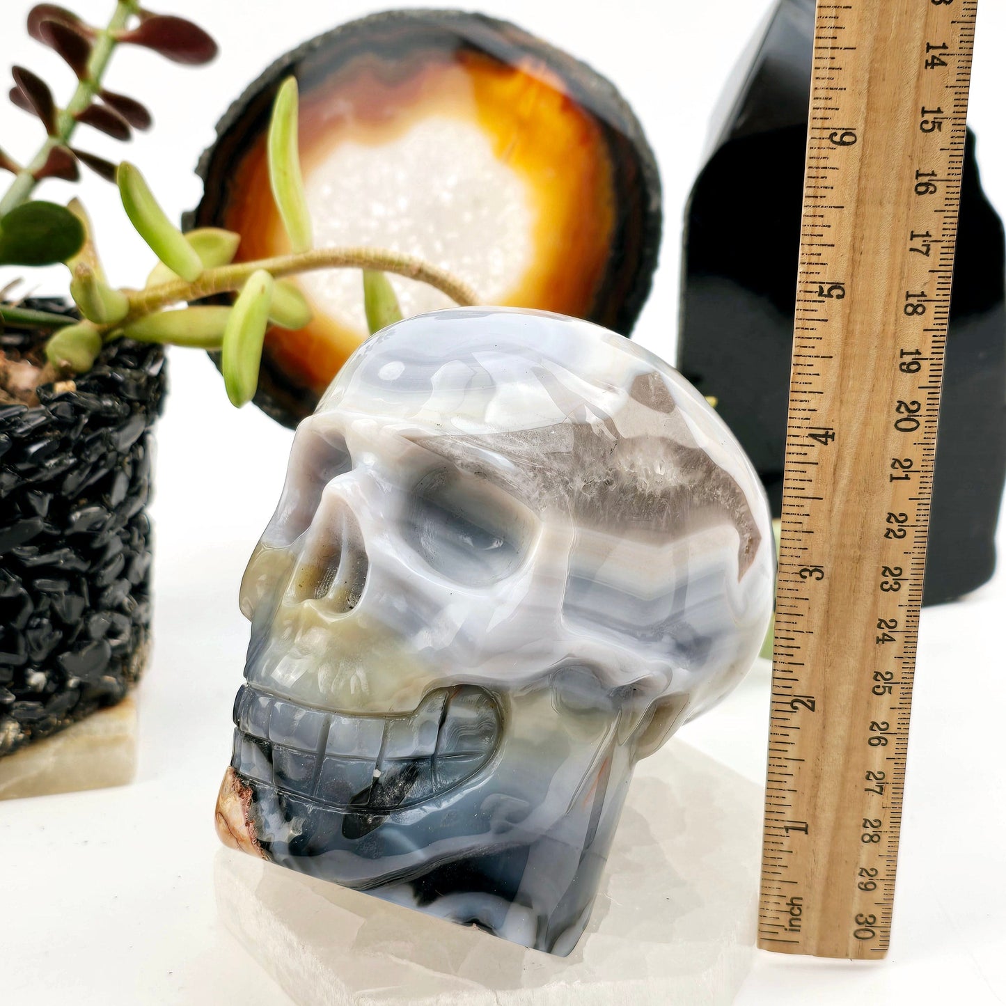 Volcano Agate Crystal Skull - One-of-a-Kind front view at an angle with ruler for size reference