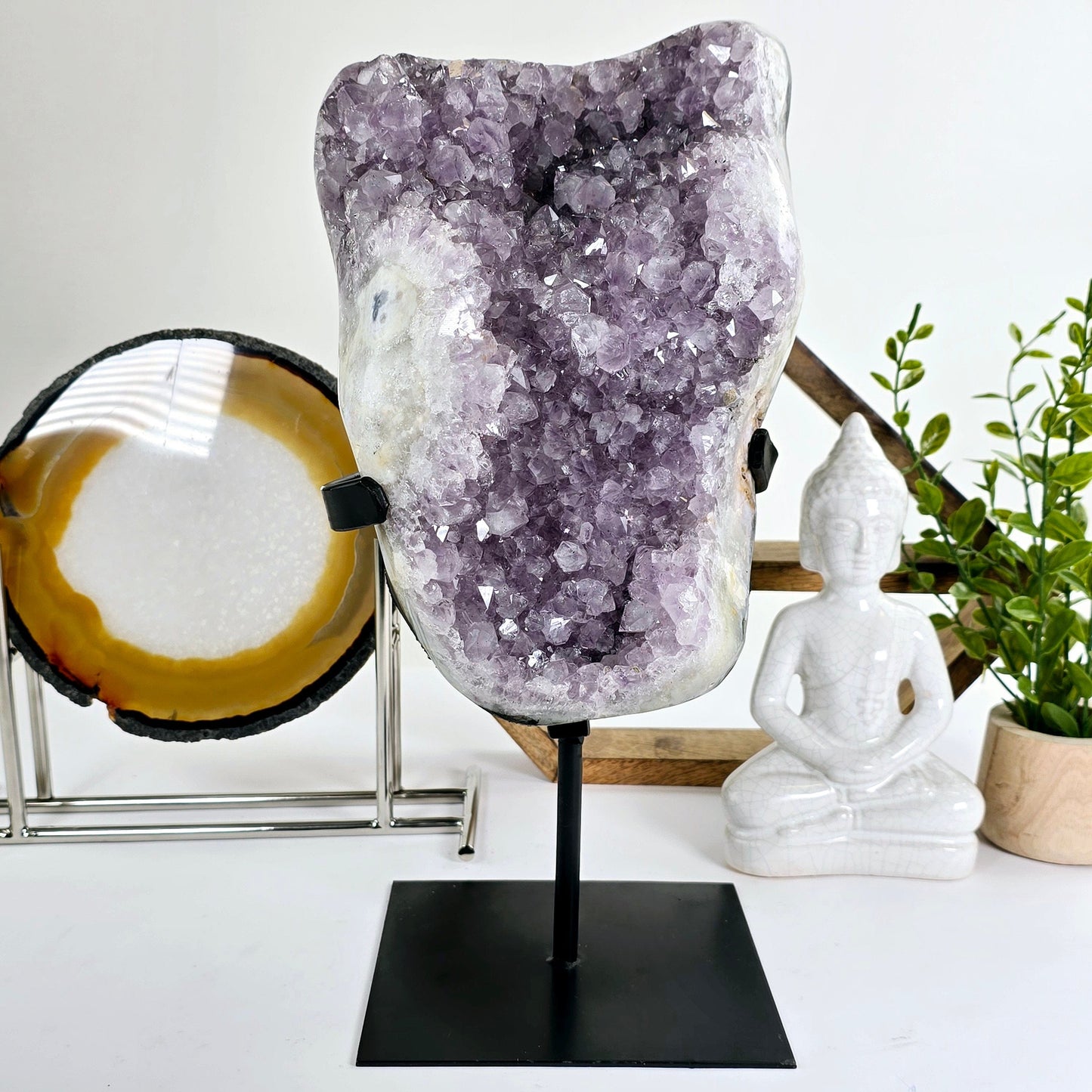 Amethyst - Large Crystal Cluster on Metal Stand #2 front view